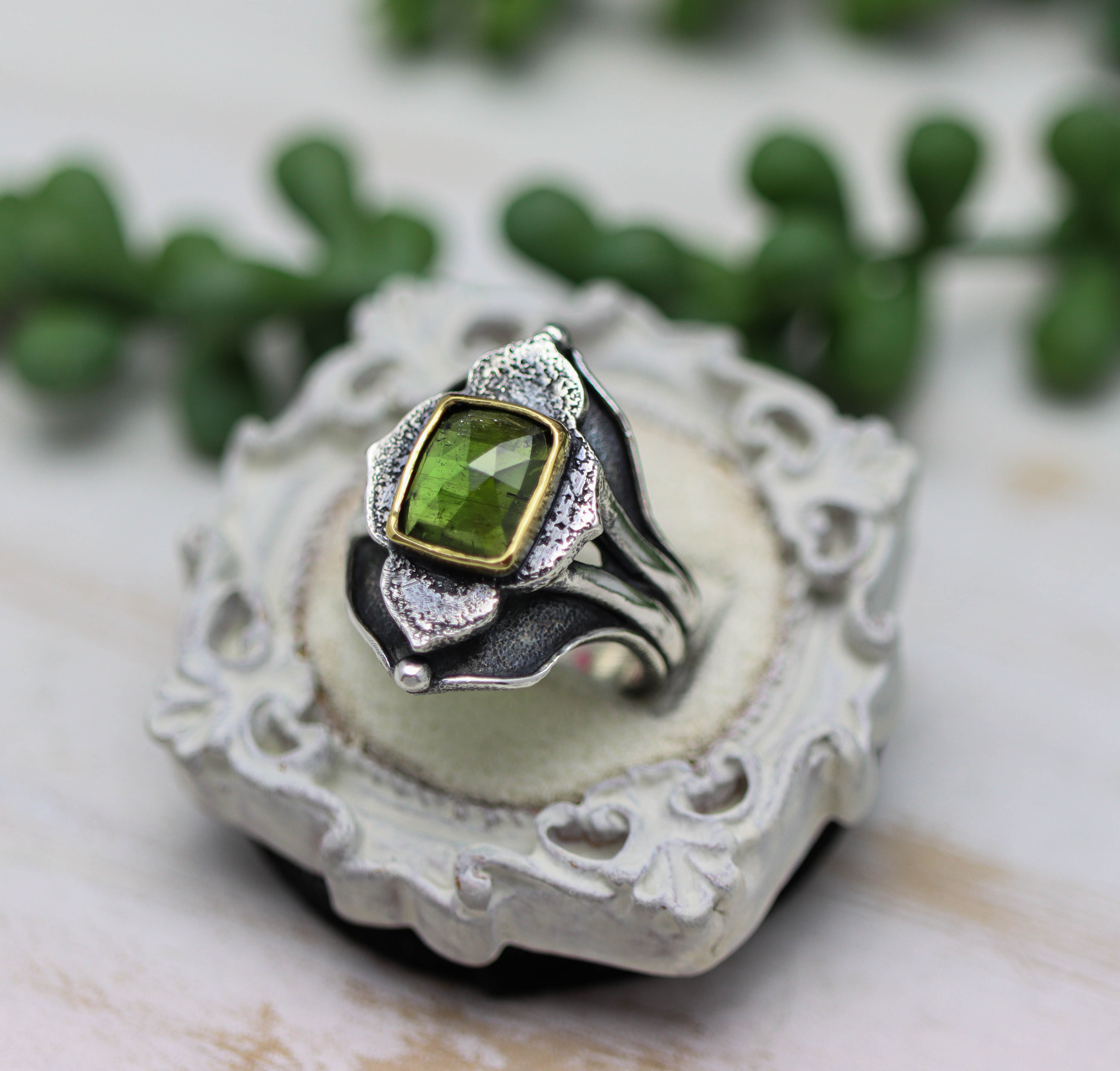 Green Tourmaline Architectural Platform Ring in Sterling Silver & 22k Gold