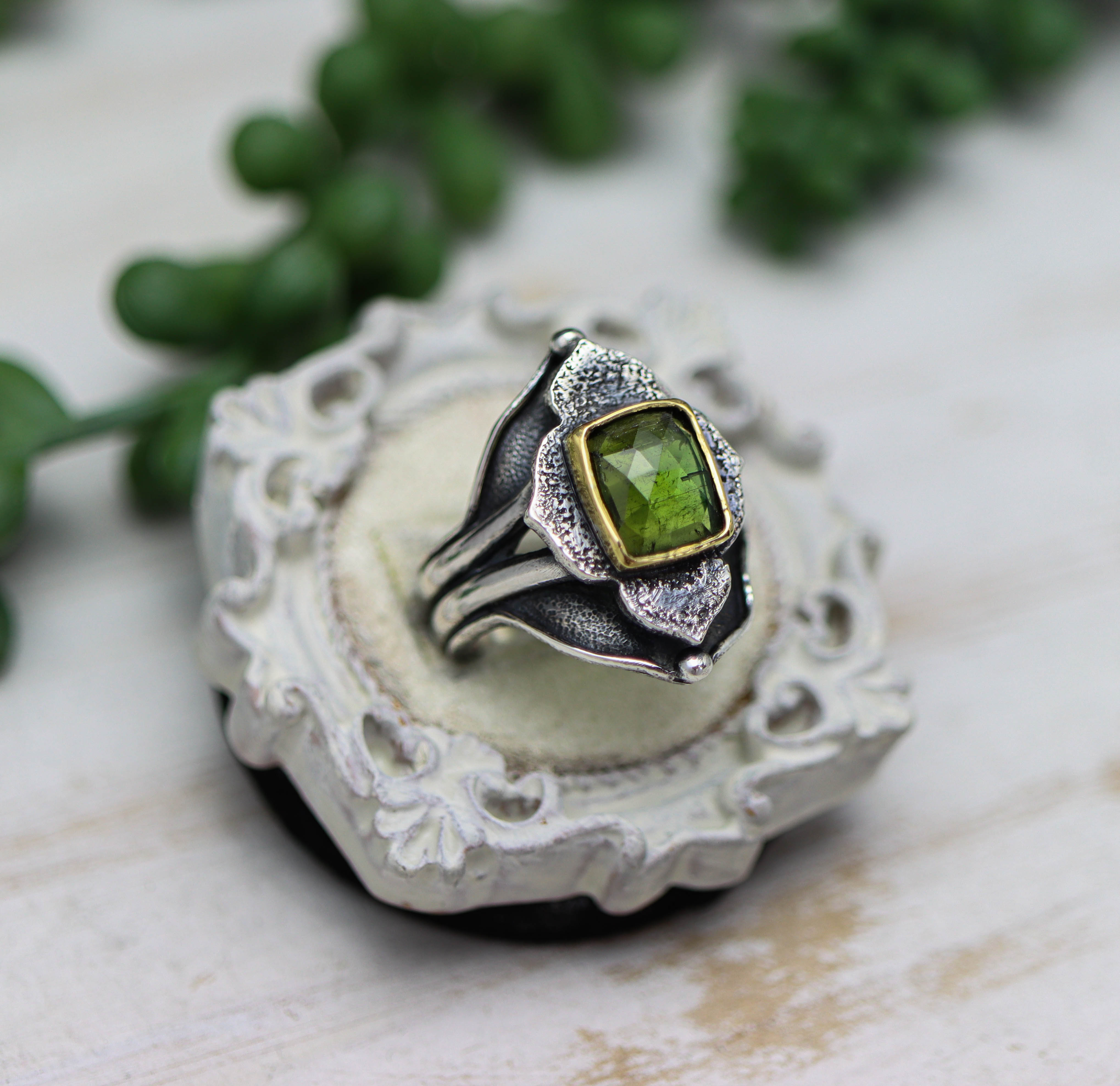 Green Tourmaline Architectural Platform Ring in Sterling Silver & 22k Gold