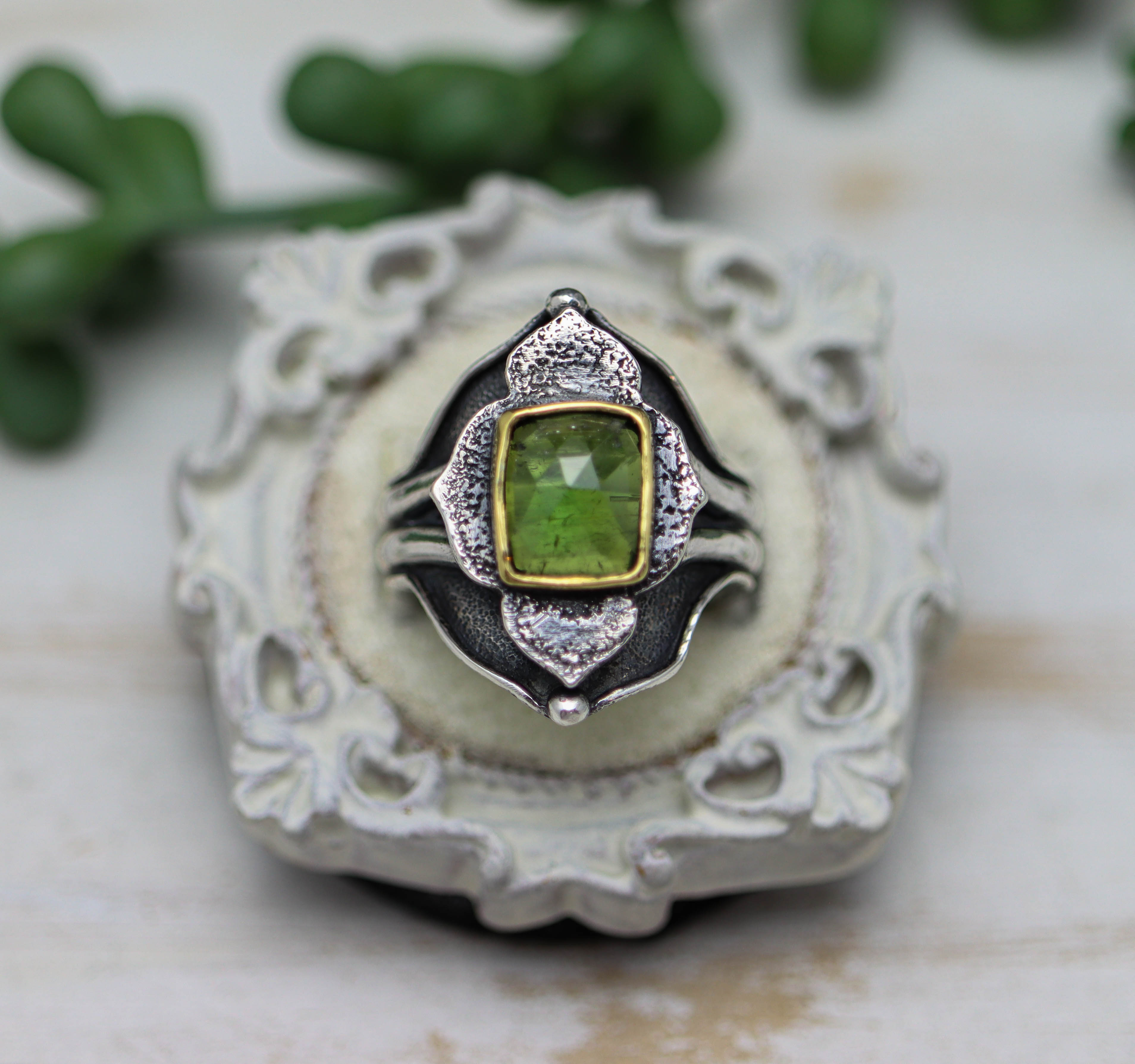 Green Tourmaline Architectural Platform Ring in Sterling Silver & 22k Gold
