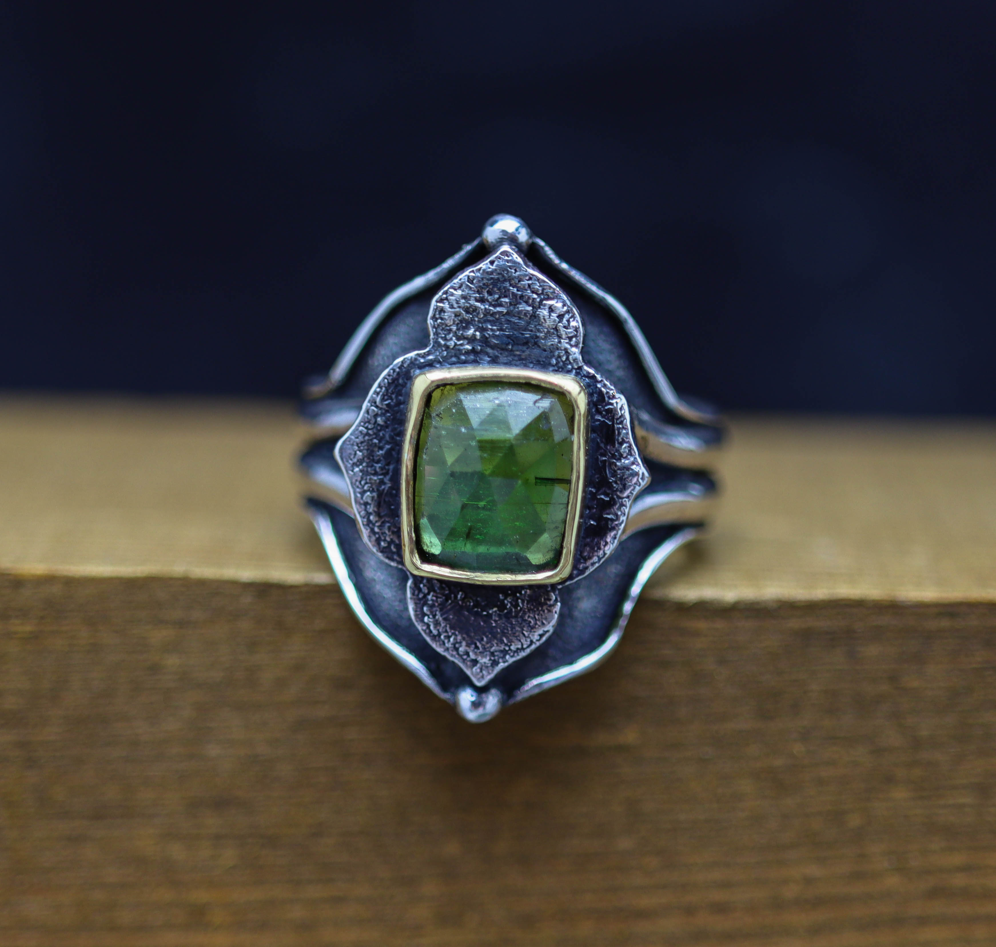 Green Tourmaline Architectural Platform Ring in Sterling Silver & 22k Gold