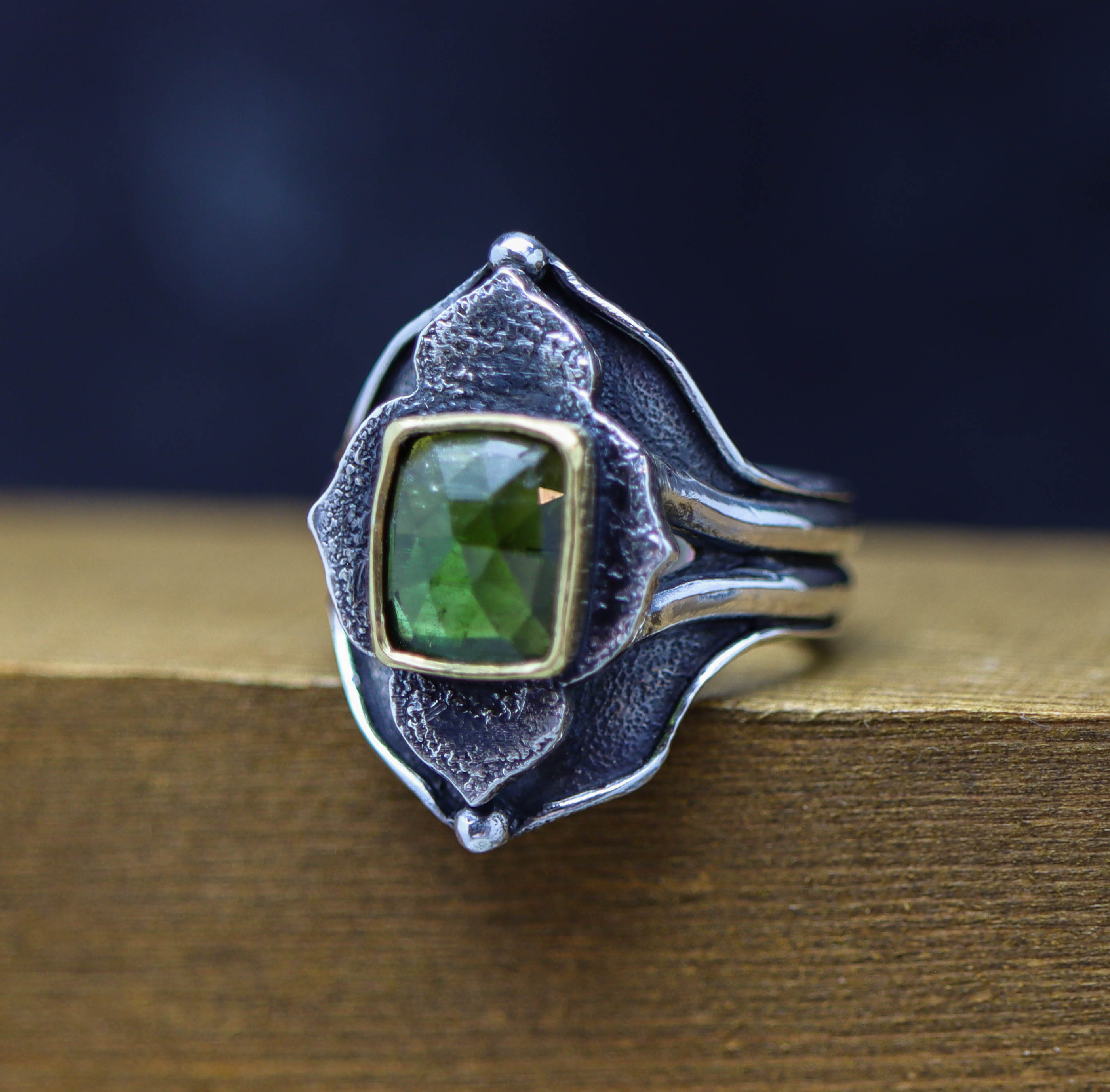 Green Tourmaline Architectural Platform Ring in Sterling Silver & 22k Gold