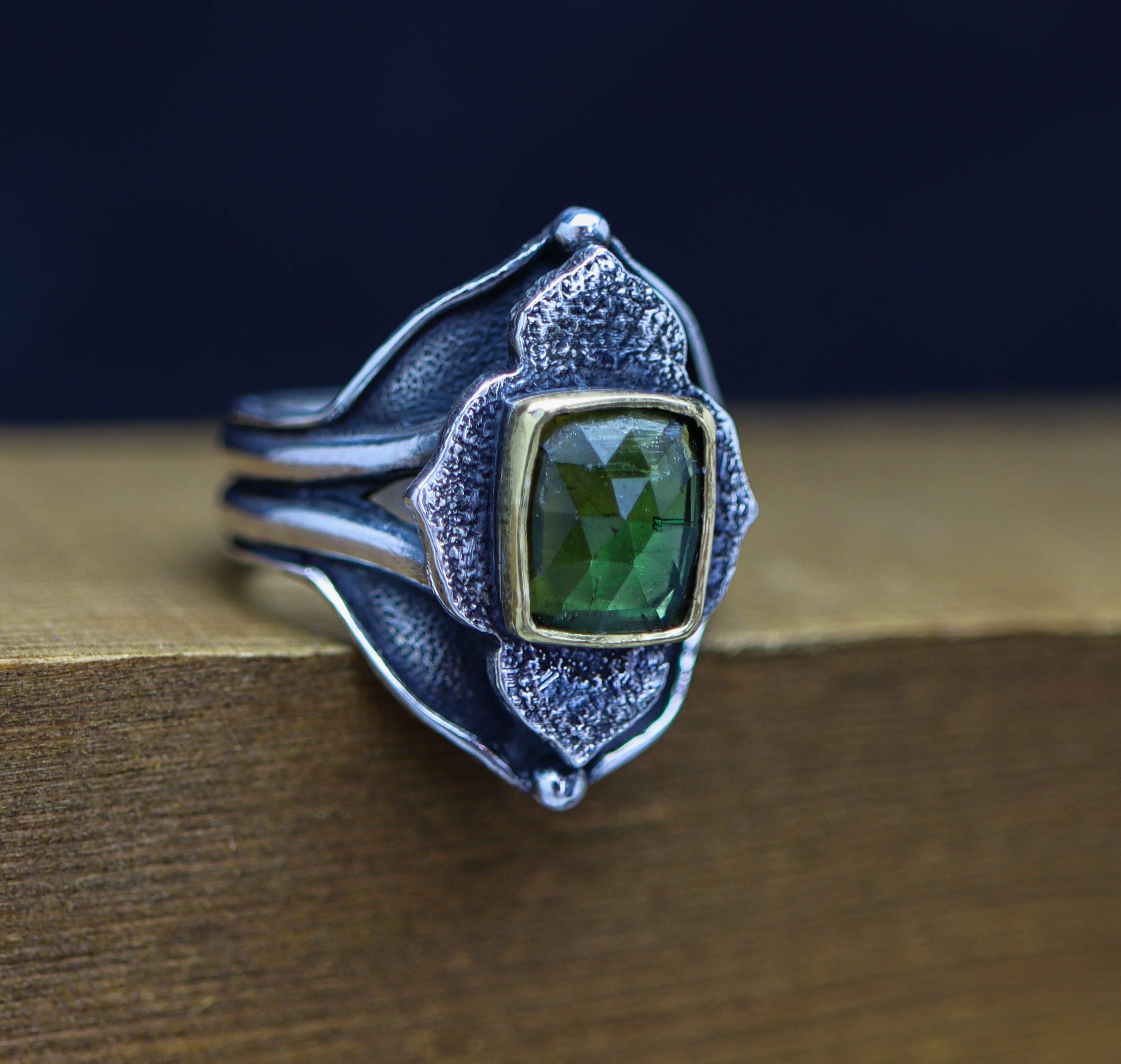 Green Tourmaline Architectural Platform Ring in Sterling Silver & 22k Gold