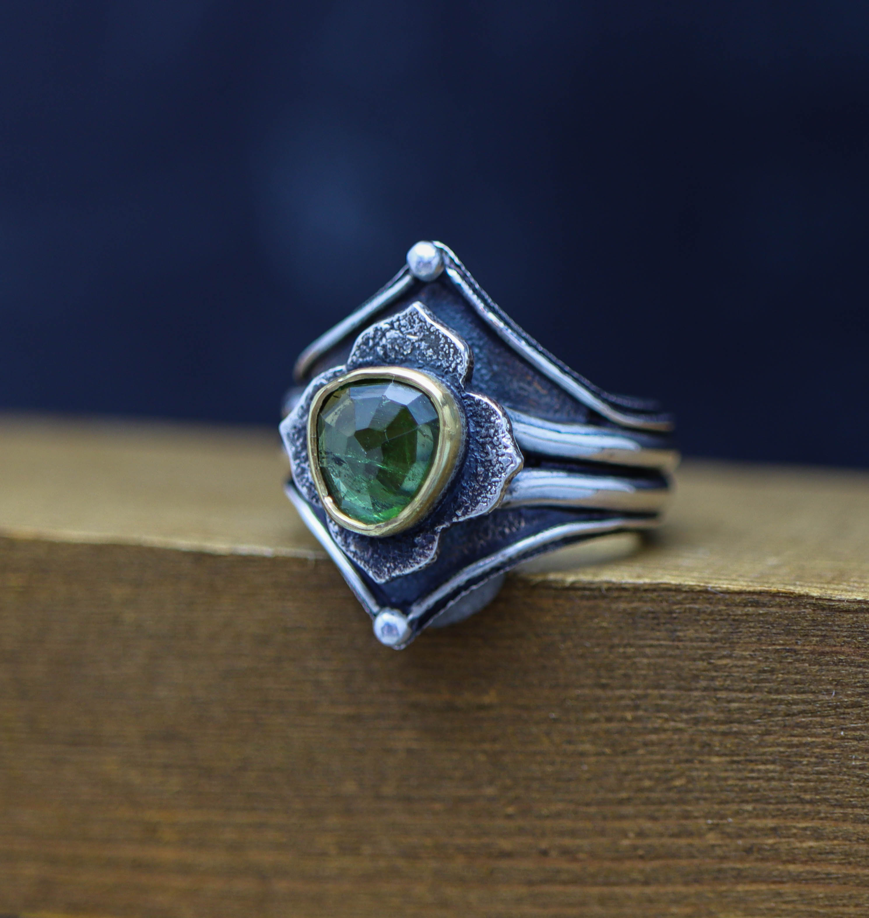 Green Tourmaline Architectural Platform Ring in Sterling Silver & 22k Gold
