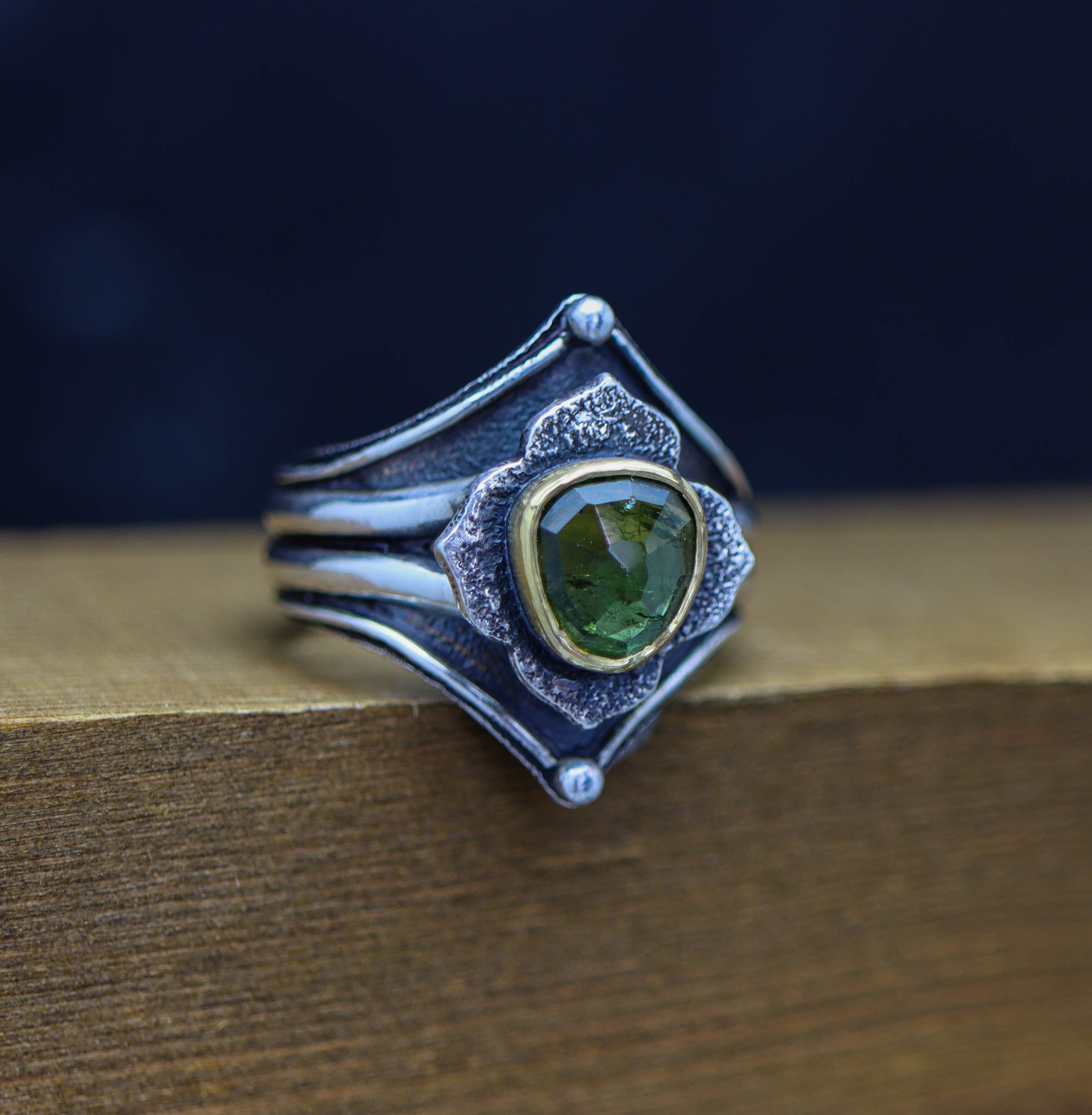 Green Tourmaline Architectural Platform Ring in Sterling Silver & 22k Gold