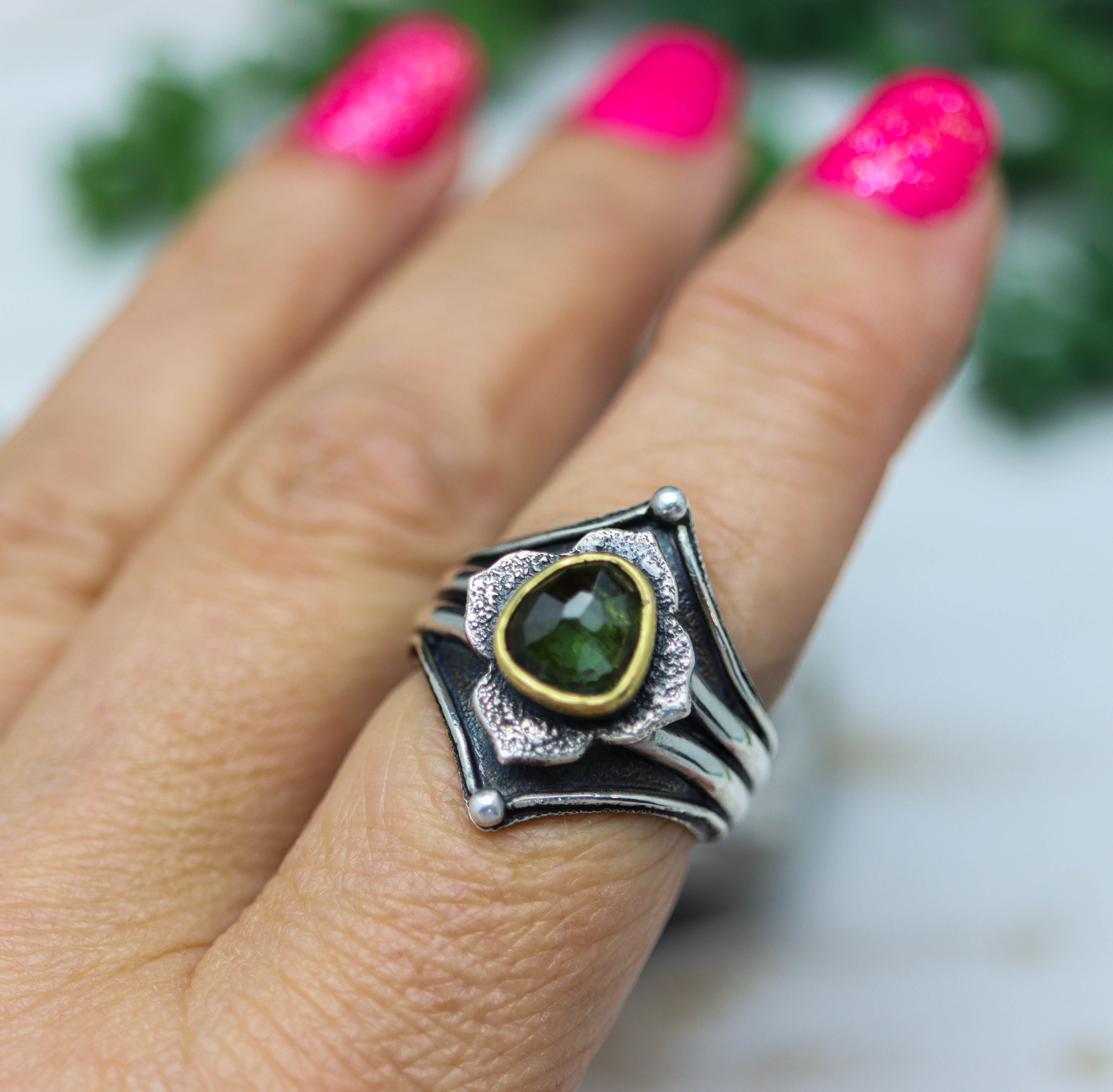 Green Tourmaline Architectural Platform Ring in Sterling Silver & 22k Gold