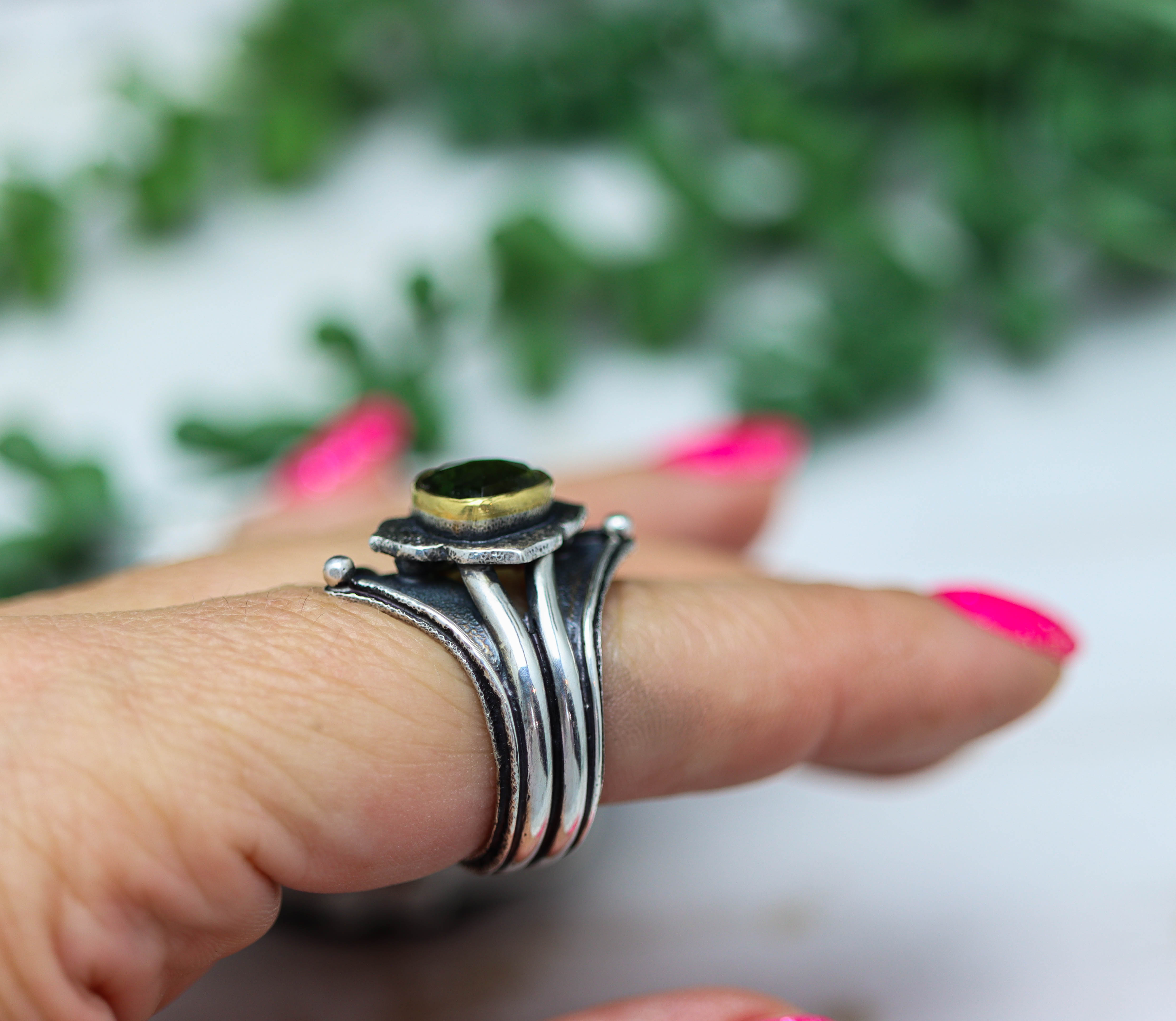 Green Tourmaline Architectural Platform Ring in Sterling Silver & 22k Gold