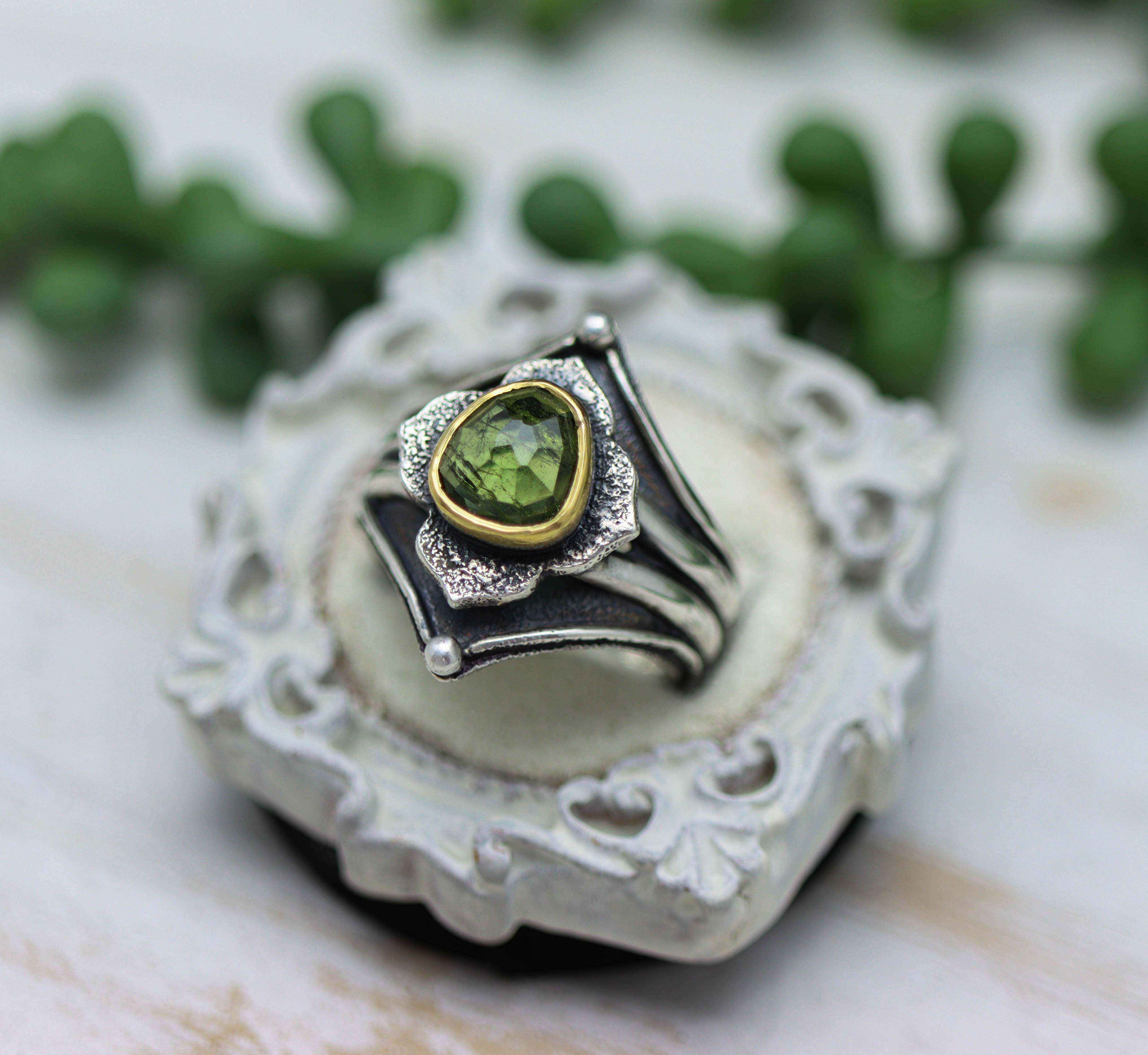 Green Tourmaline Architectural Platform Ring in Sterling Silver & 22k Gold
