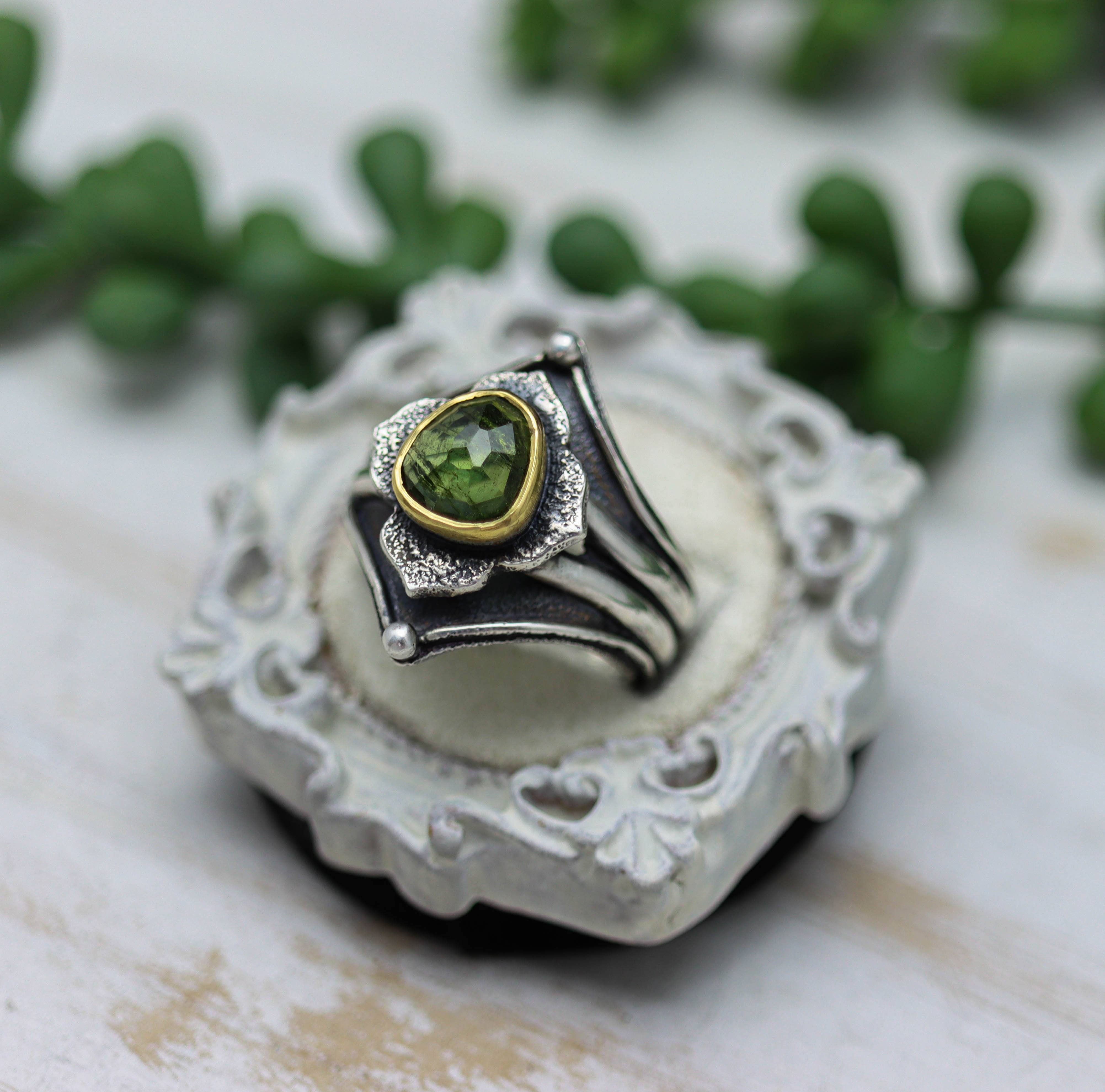 Green Tourmaline Architectural Platform Ring in Sterling Silver & 22k Gold