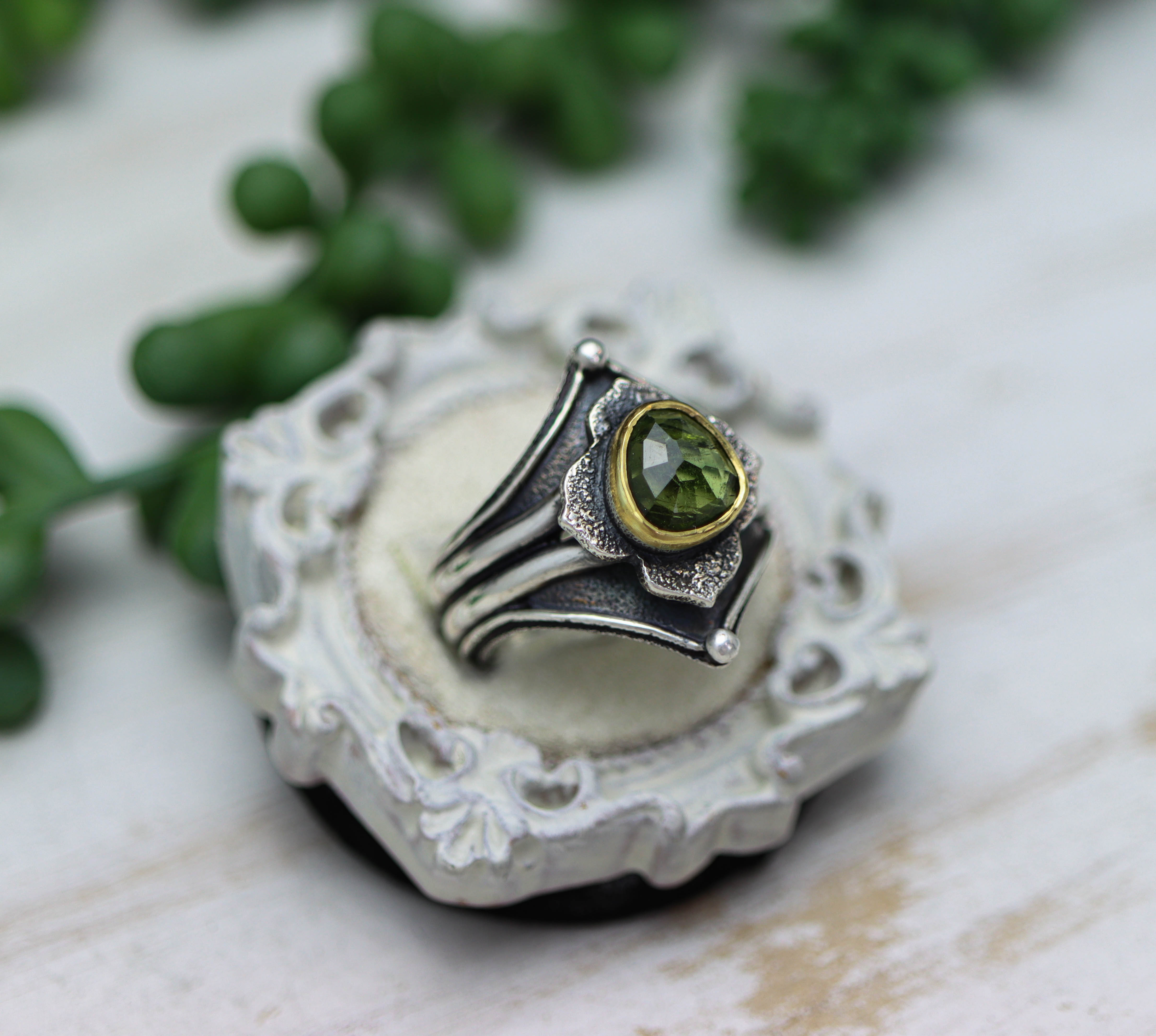 Green Tourmaline Architectural Platform Ring in Sterling Silver & 22k Gold