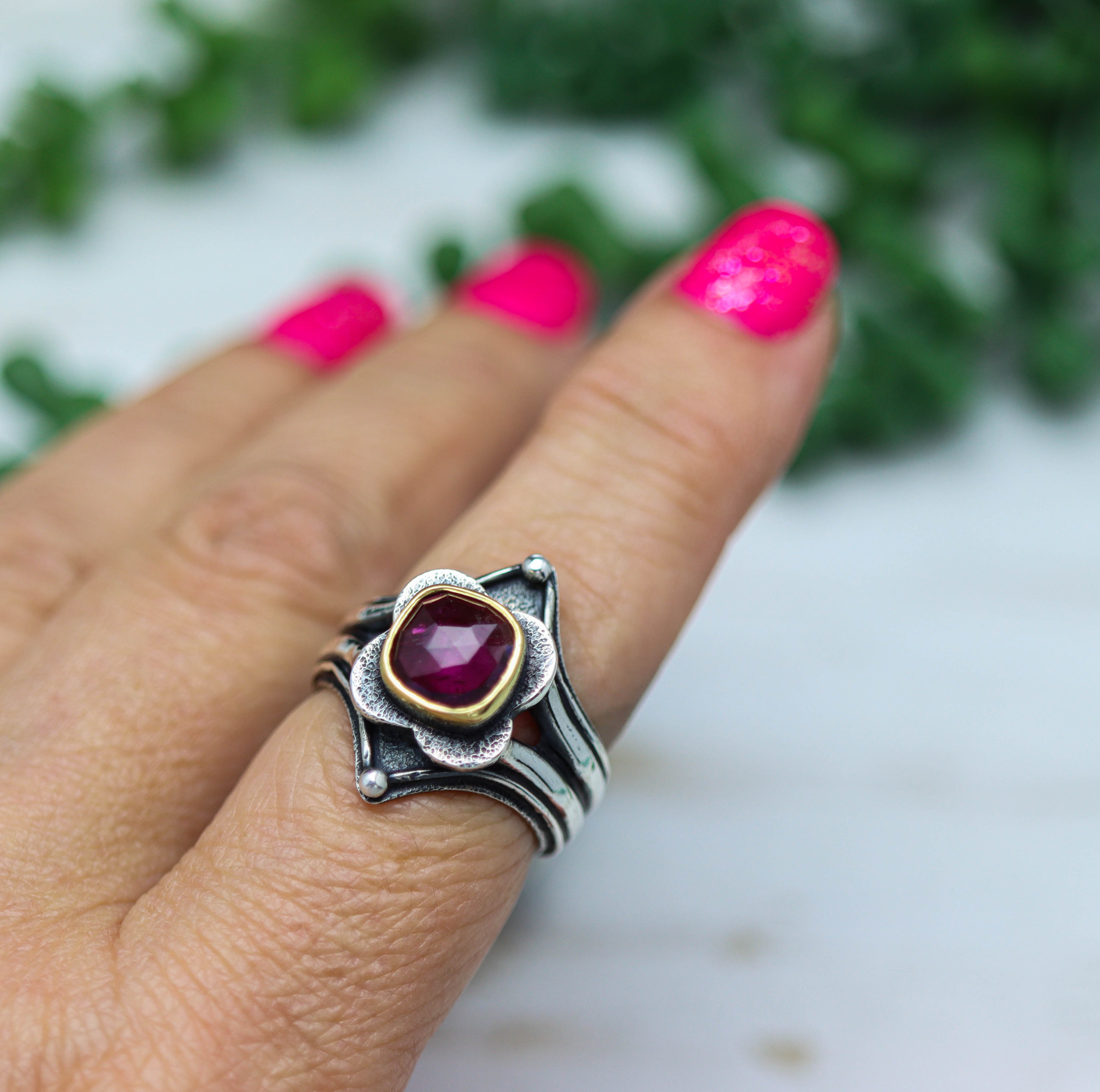 Pink Tourmaline Platform Ring Sterling Silver and 22k Gold Size 9.25