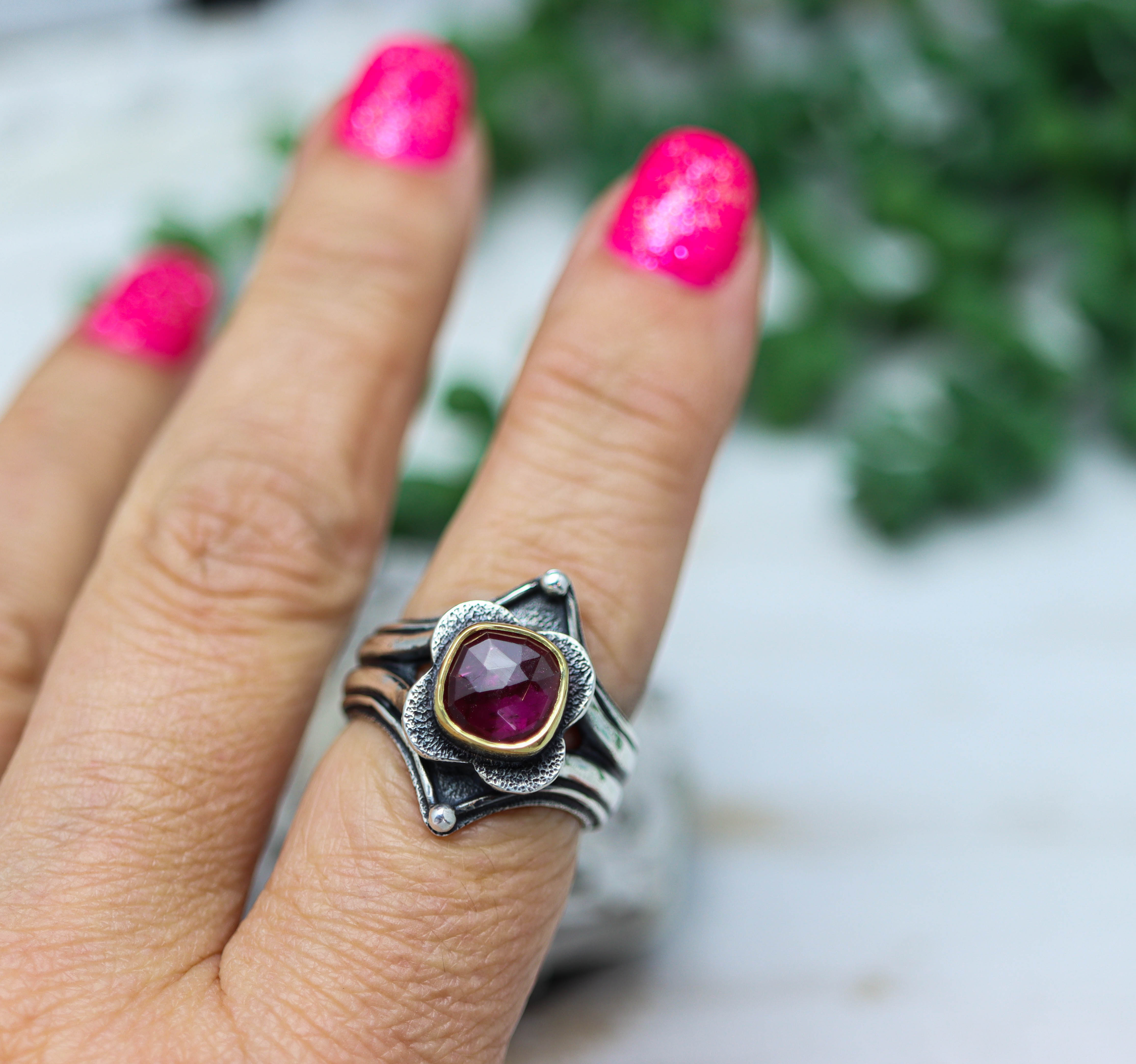 Pink Tourmaline Platform Ring Sterling Silver and 22k Gold Size 9.25