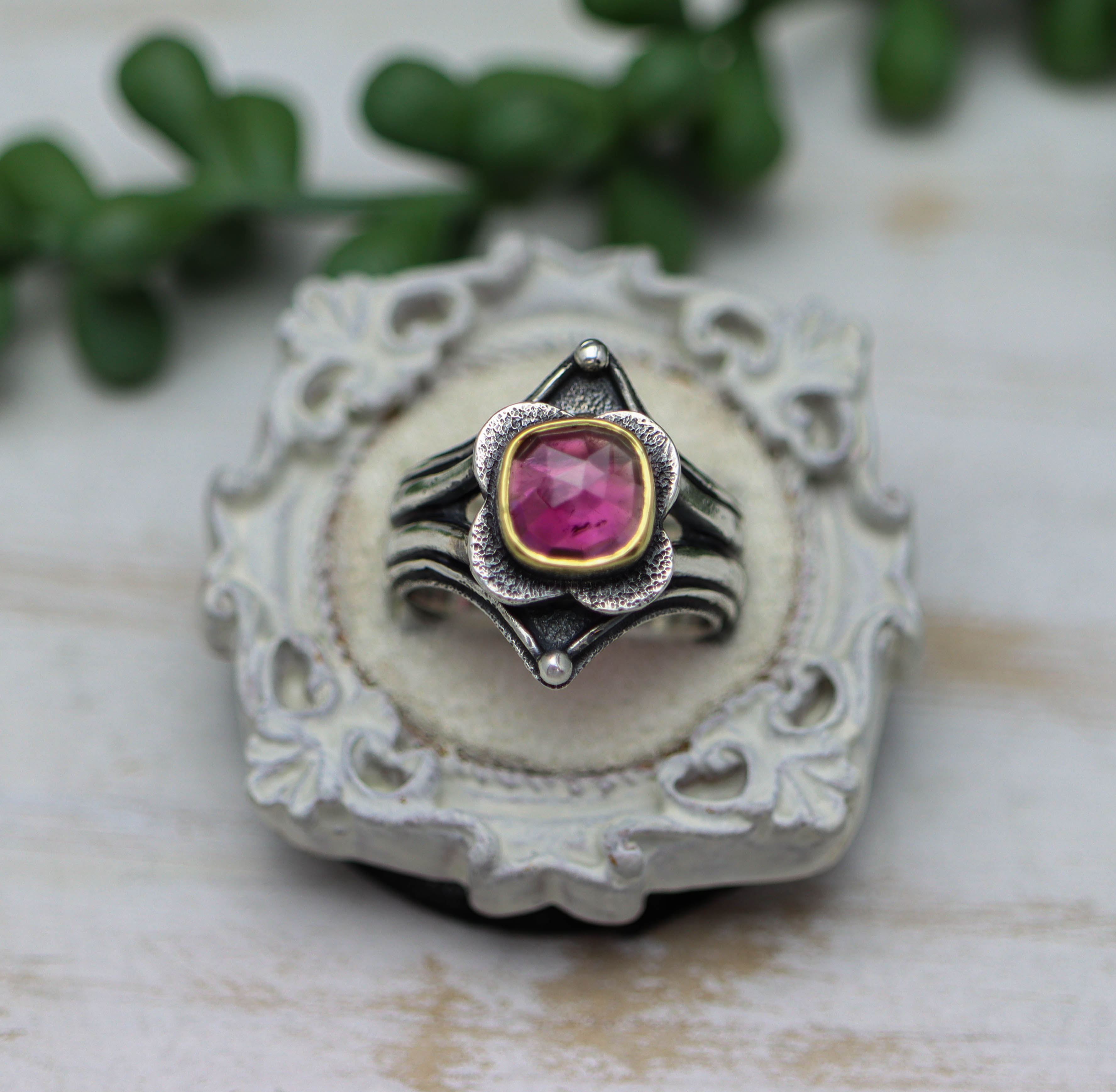 Pink Tourmaline Platform Ring Sterling Silver and 22k Gold Size 9.25