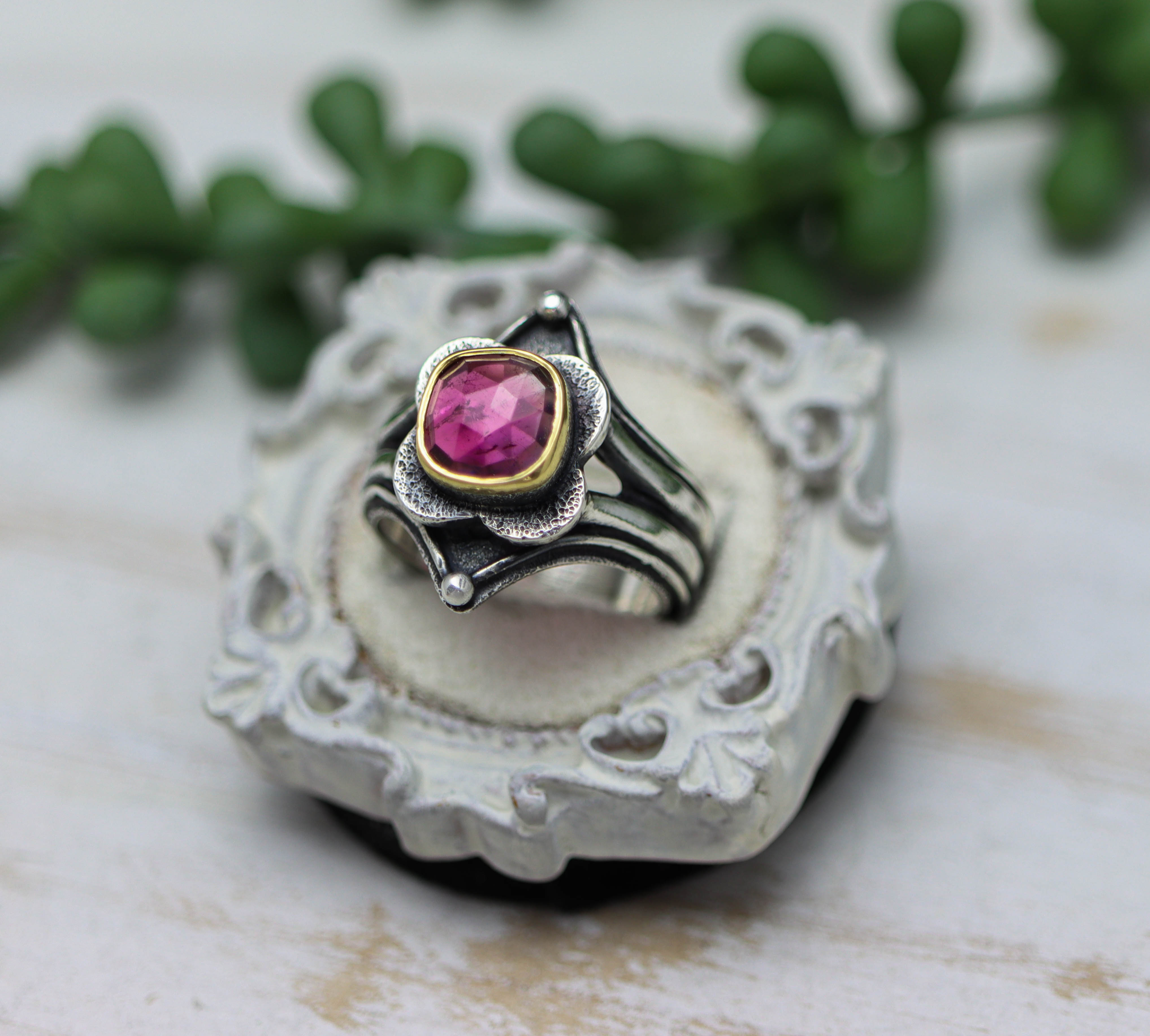 Pink Tourmaline Platform Ring Sterling Silver and 22k Gold Size 9.25