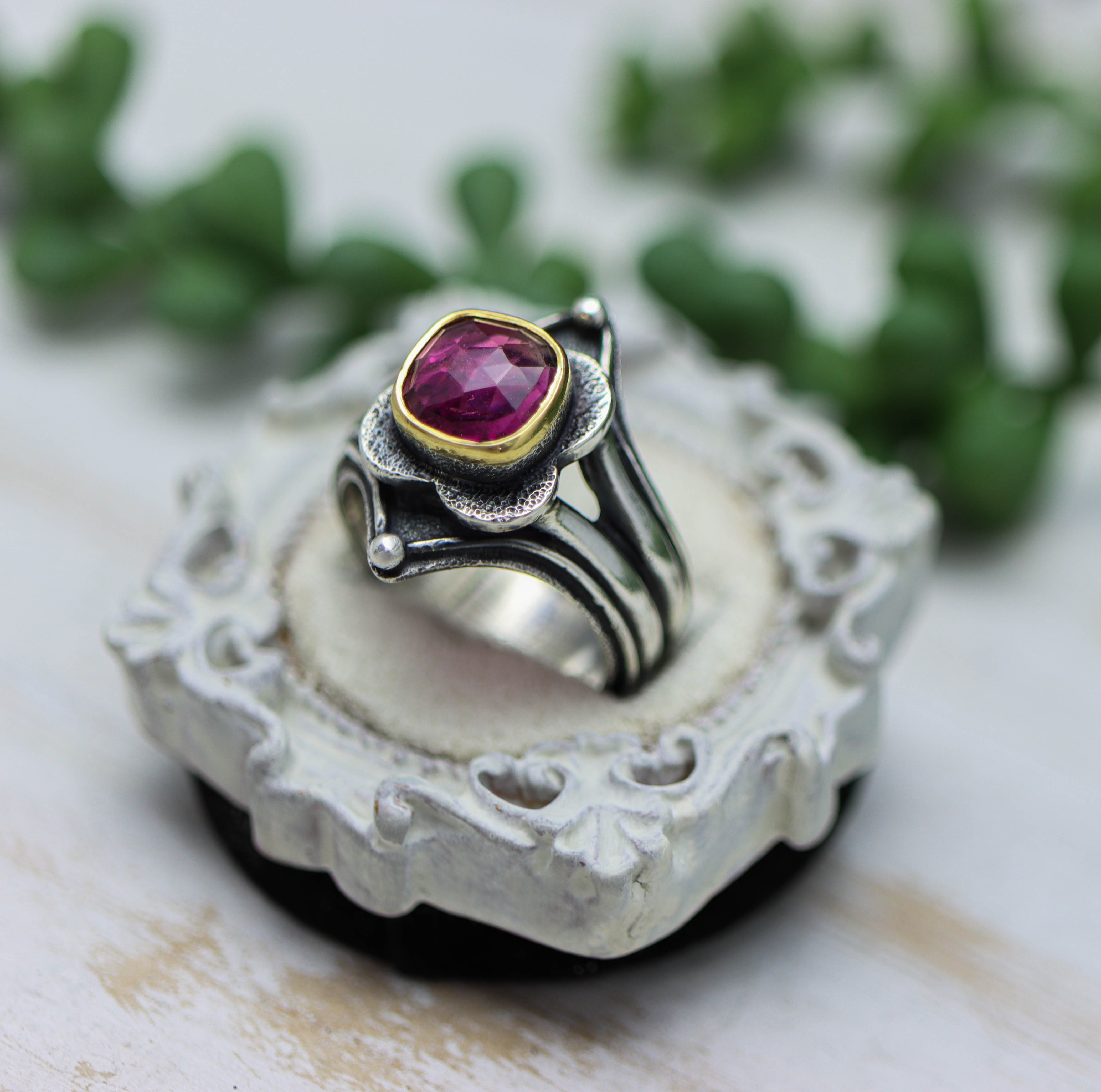 Pink Tourmaline Platform Ring Sterling Silver and 22k Gold Size 9.25