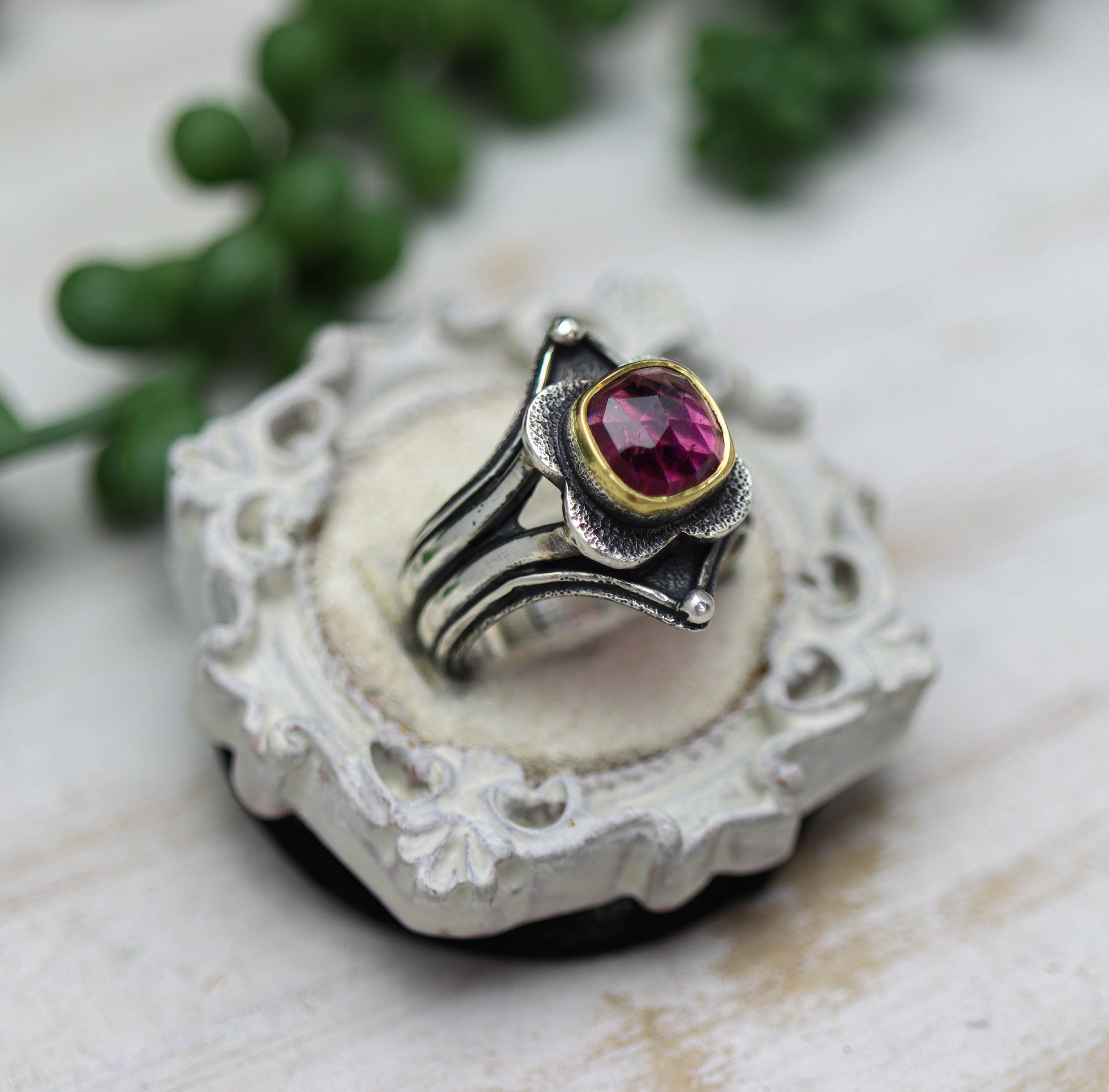 Pink Tourmaline Platform Ring Sterling Silver and 22k Gold Size 9.25