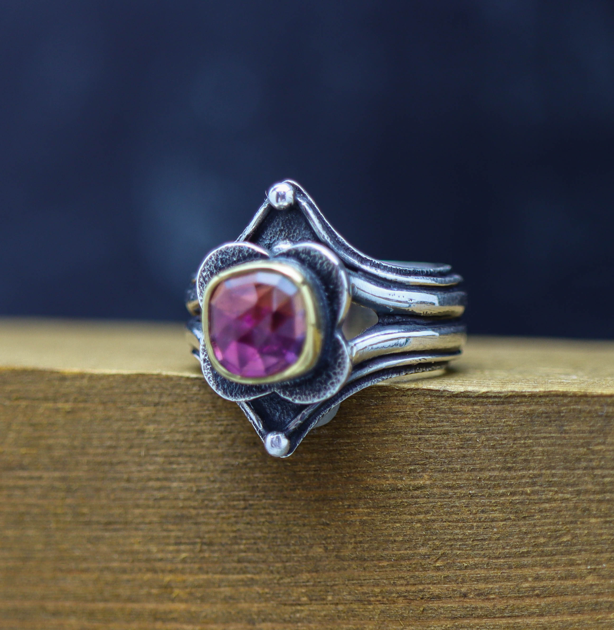 Pink Tourmaline Platform Ring Sterling Silver and 22k Gold Size 9.25