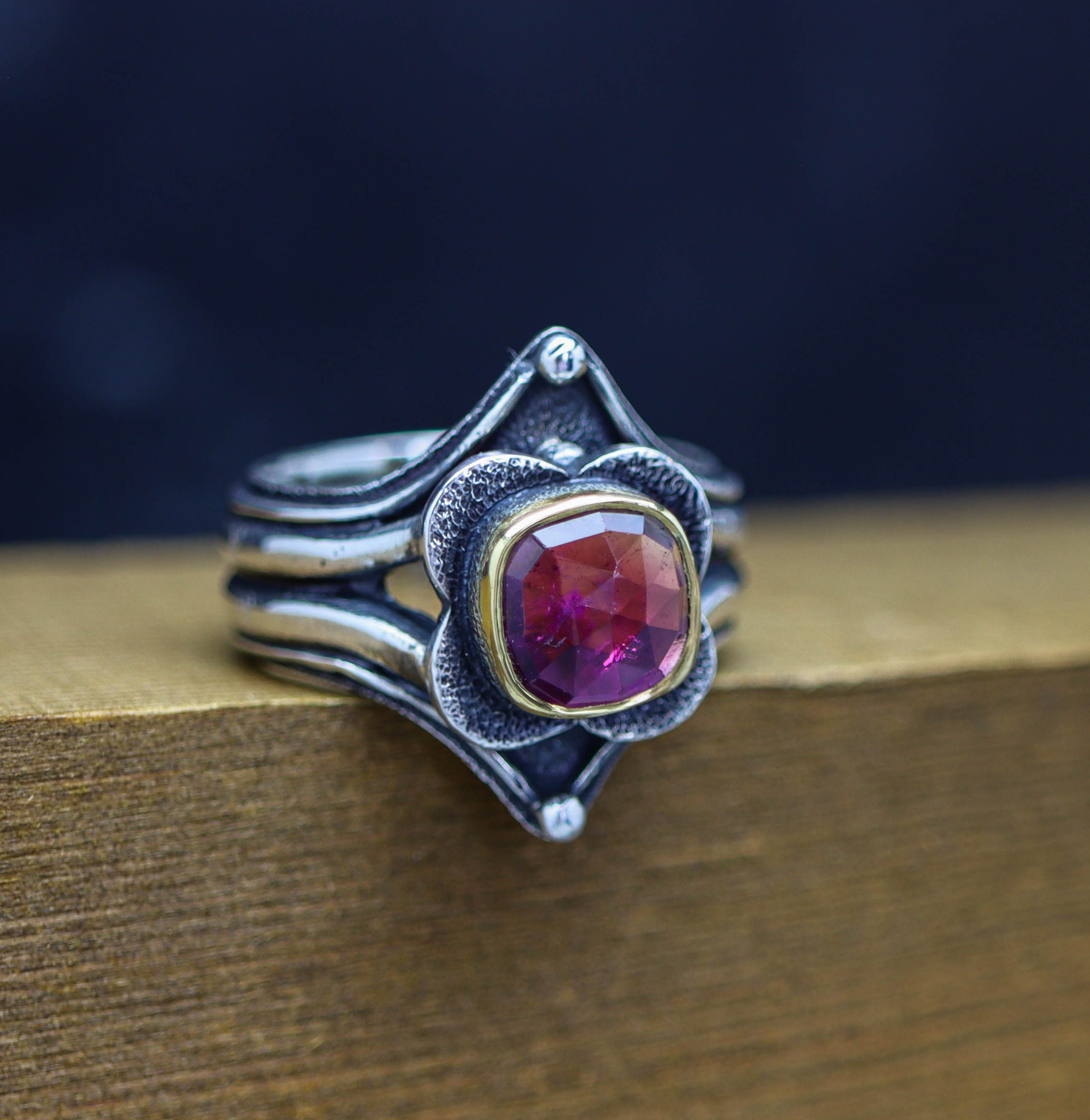 Pink Tourmaline Platform Ring Sterling Silver and 22k Gold Size 9.25