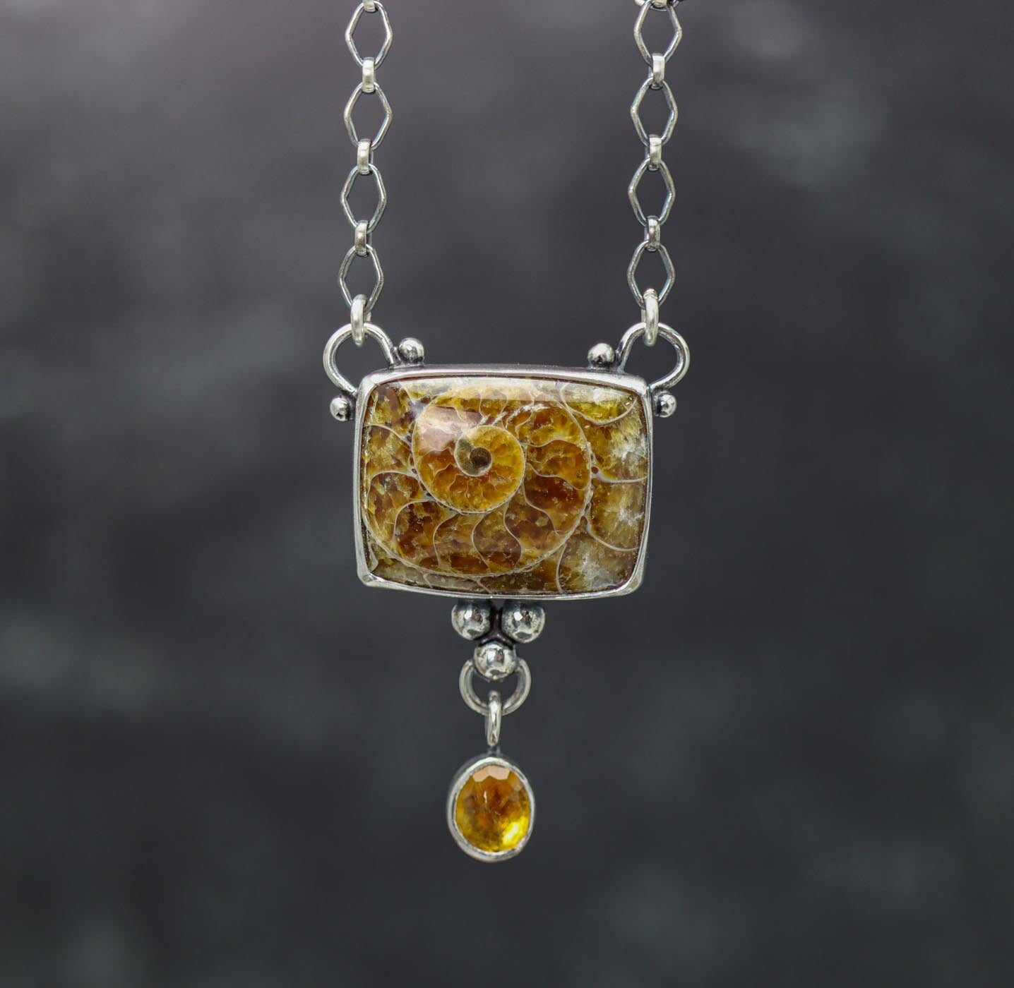 Ammonite Fossil and Citrine Pendant Sterling Silver One Of a Kind Gemstone Necklace
