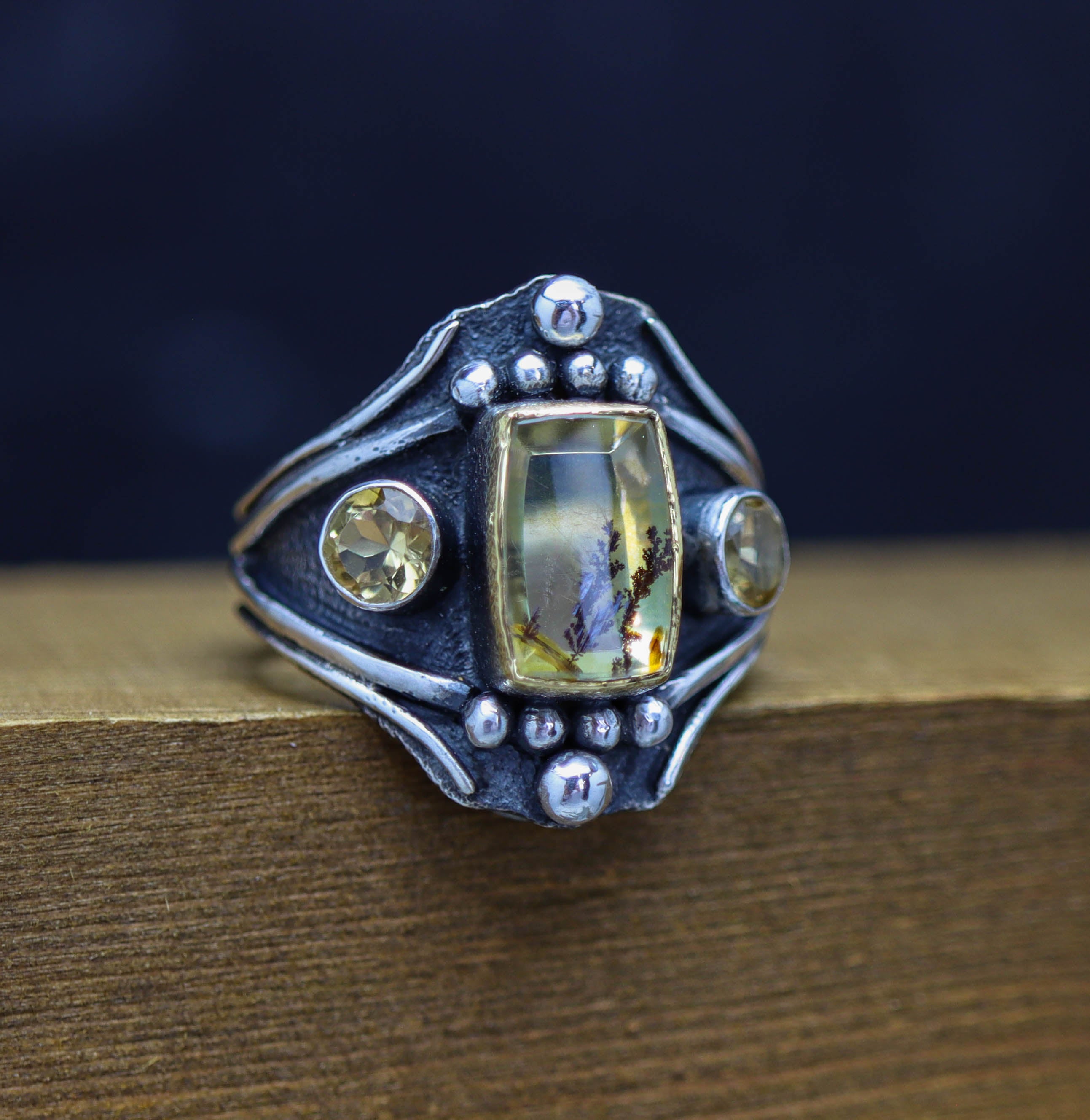 Dendritic Quartz &amp; Citrine Architectural Ring in Sterling Silver & 22k Gold