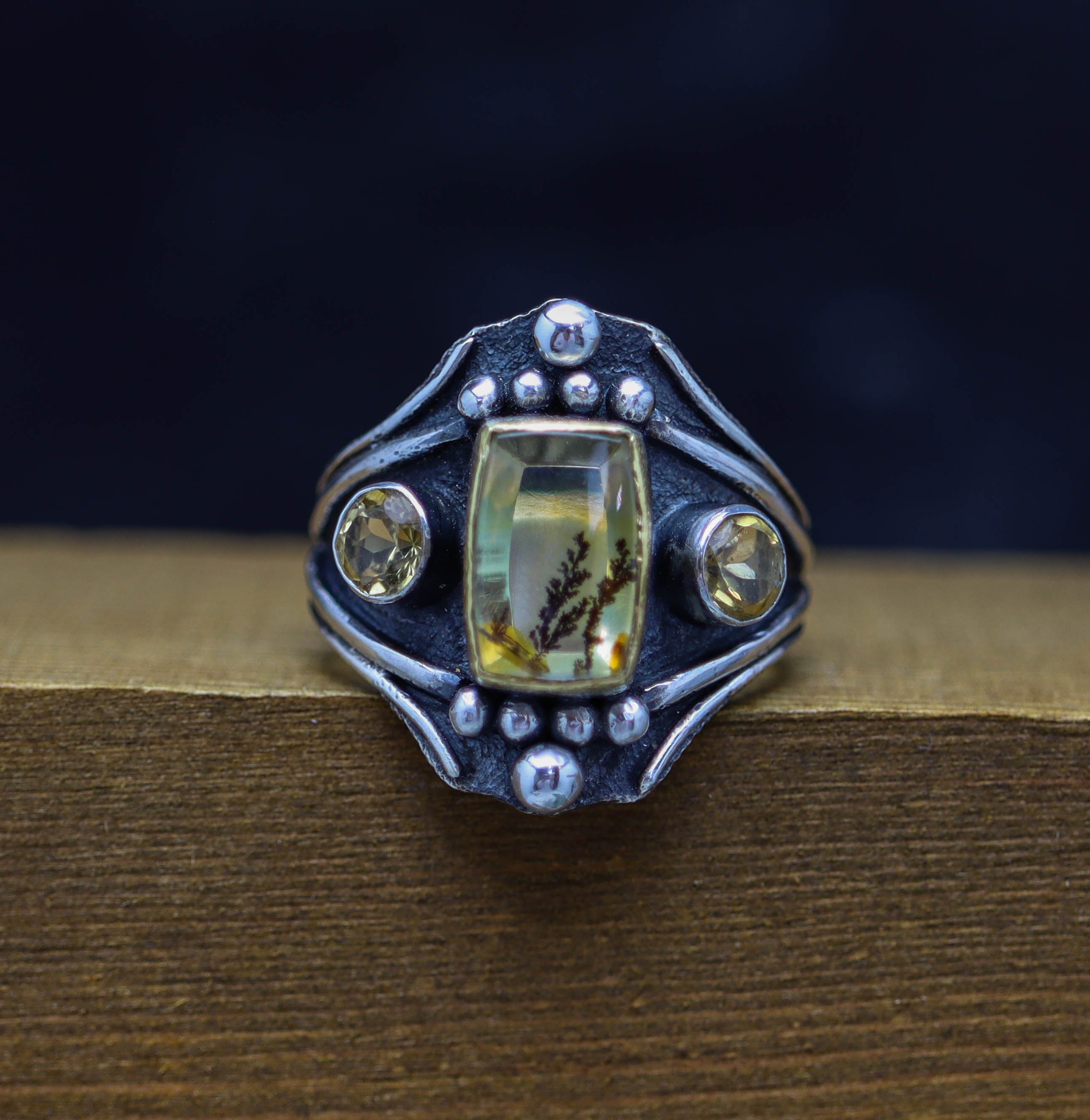Dendritic Quartz &amp; Citrine Architectural Ring in Sterling Silver & 22k Gold