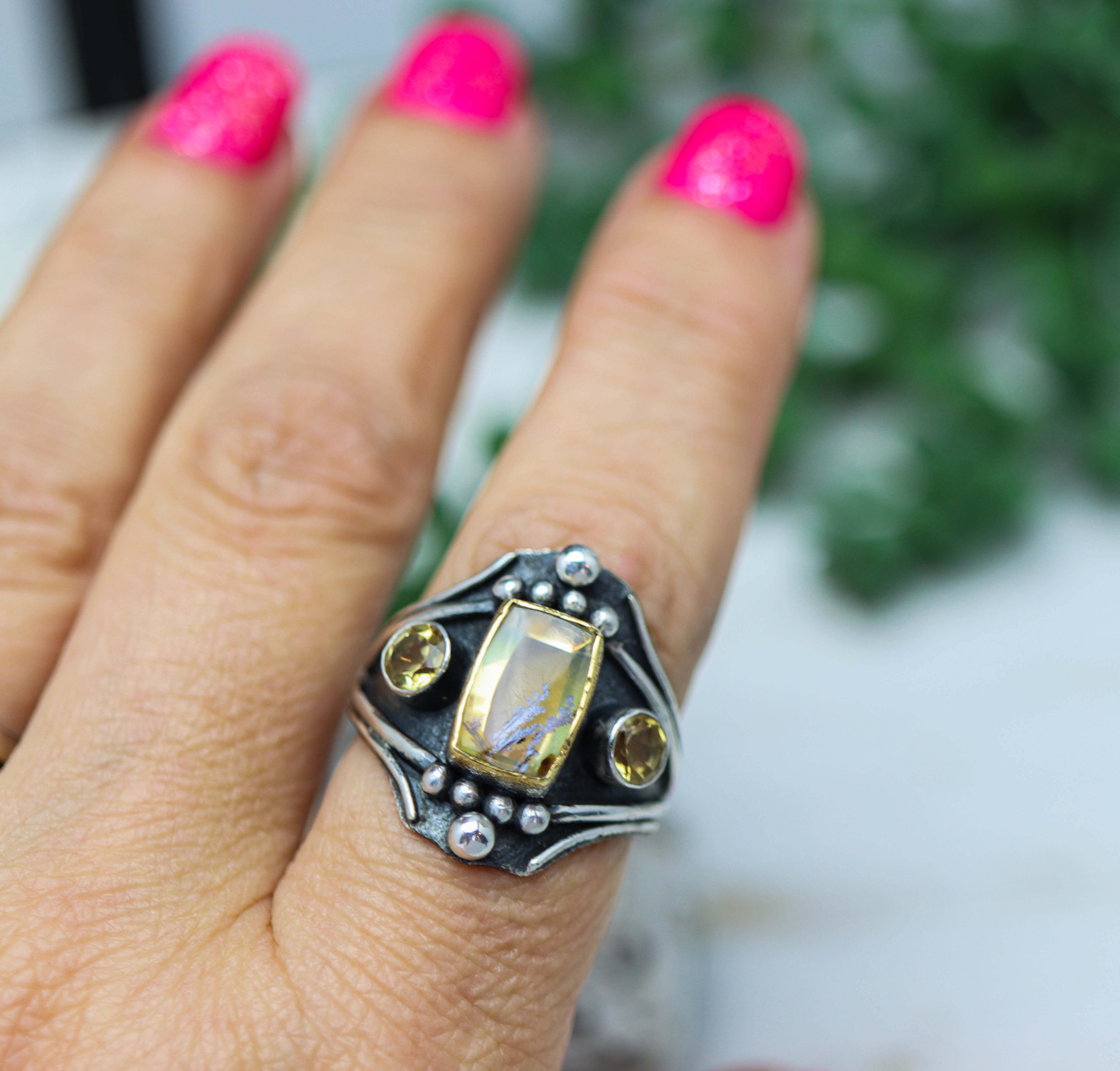 Dendritic Quartz &amp; Citrine Architectural Ring in Sterling Silver & 22k Gold