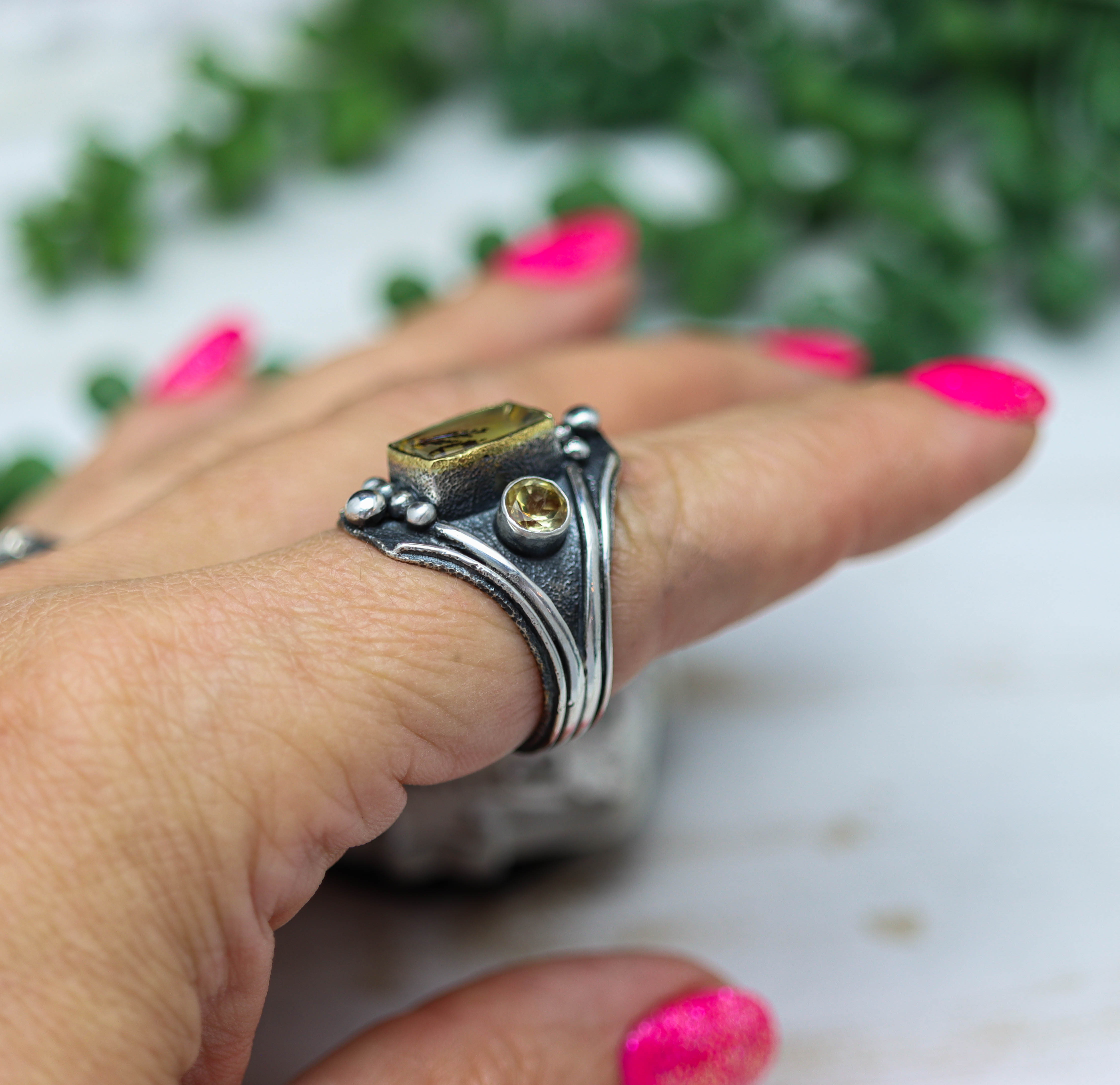 Dendritic Quartz &amp; Citrine Architectural Ring in Sterling Silver & 22k Gold