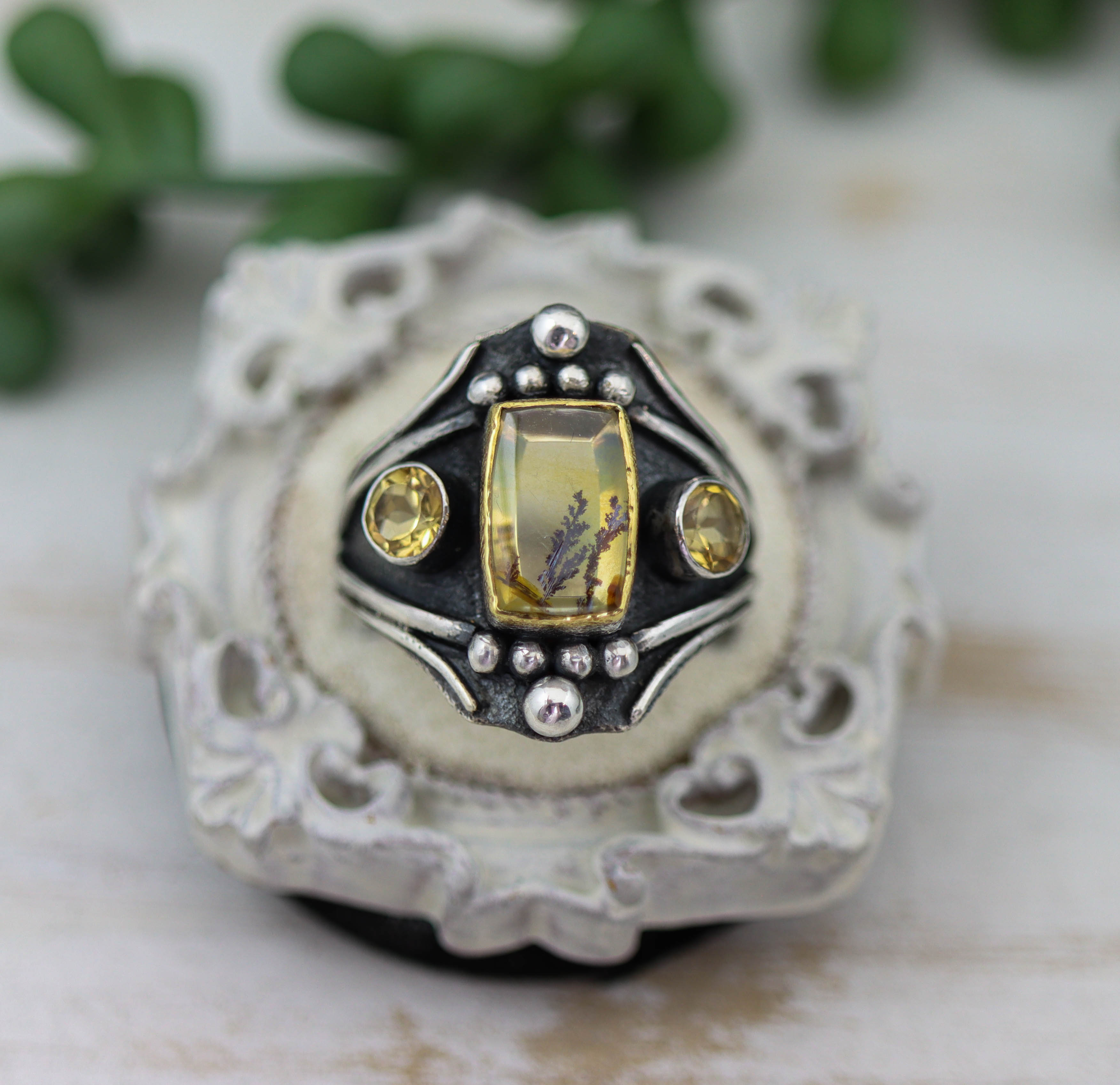 Dendritic Quartz &amp; Citrine Architectural Ring in Sterling Silver & 22k Gold