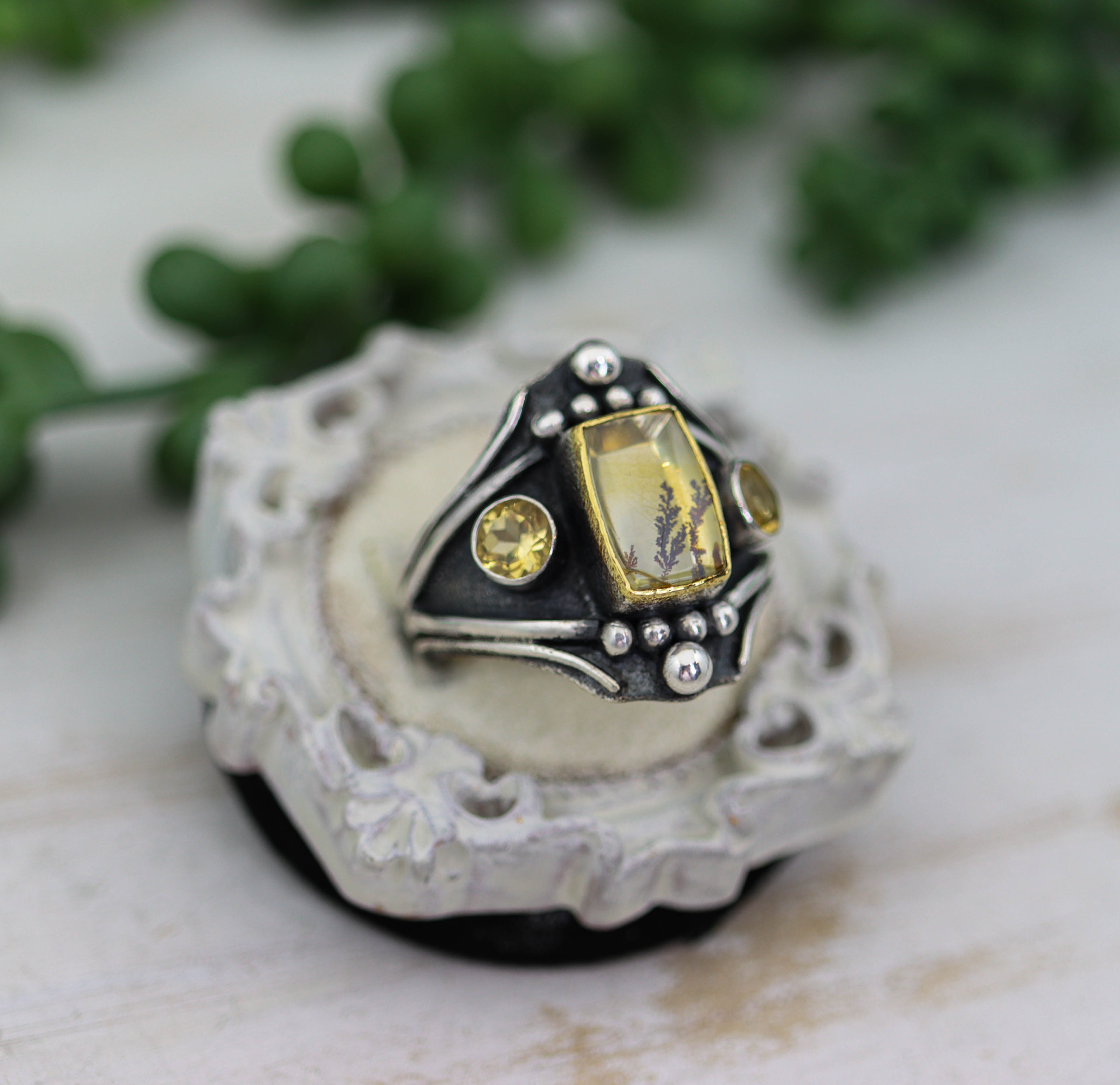 Dendritic Quartz &amp; Citrine Architectural Ring in Sterling Silver & 22k Gold