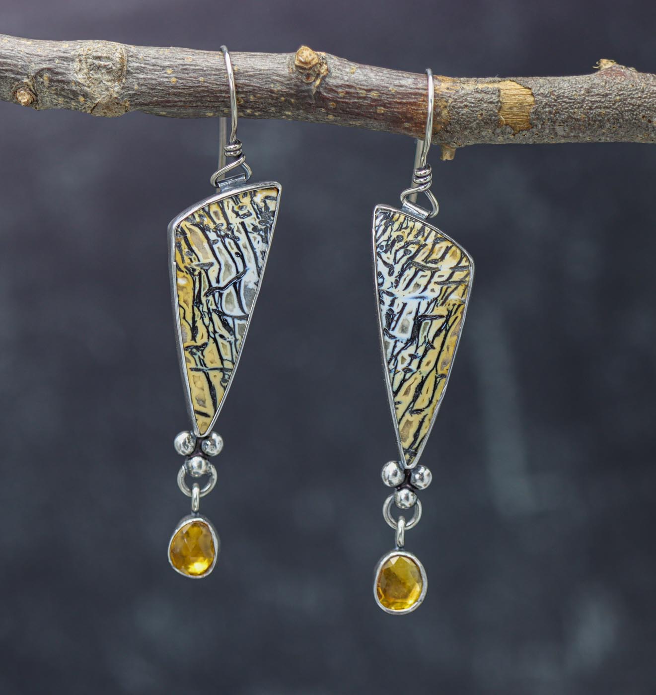 Wildcat Petrified Wood and Citrine Earrings Sterling Silver