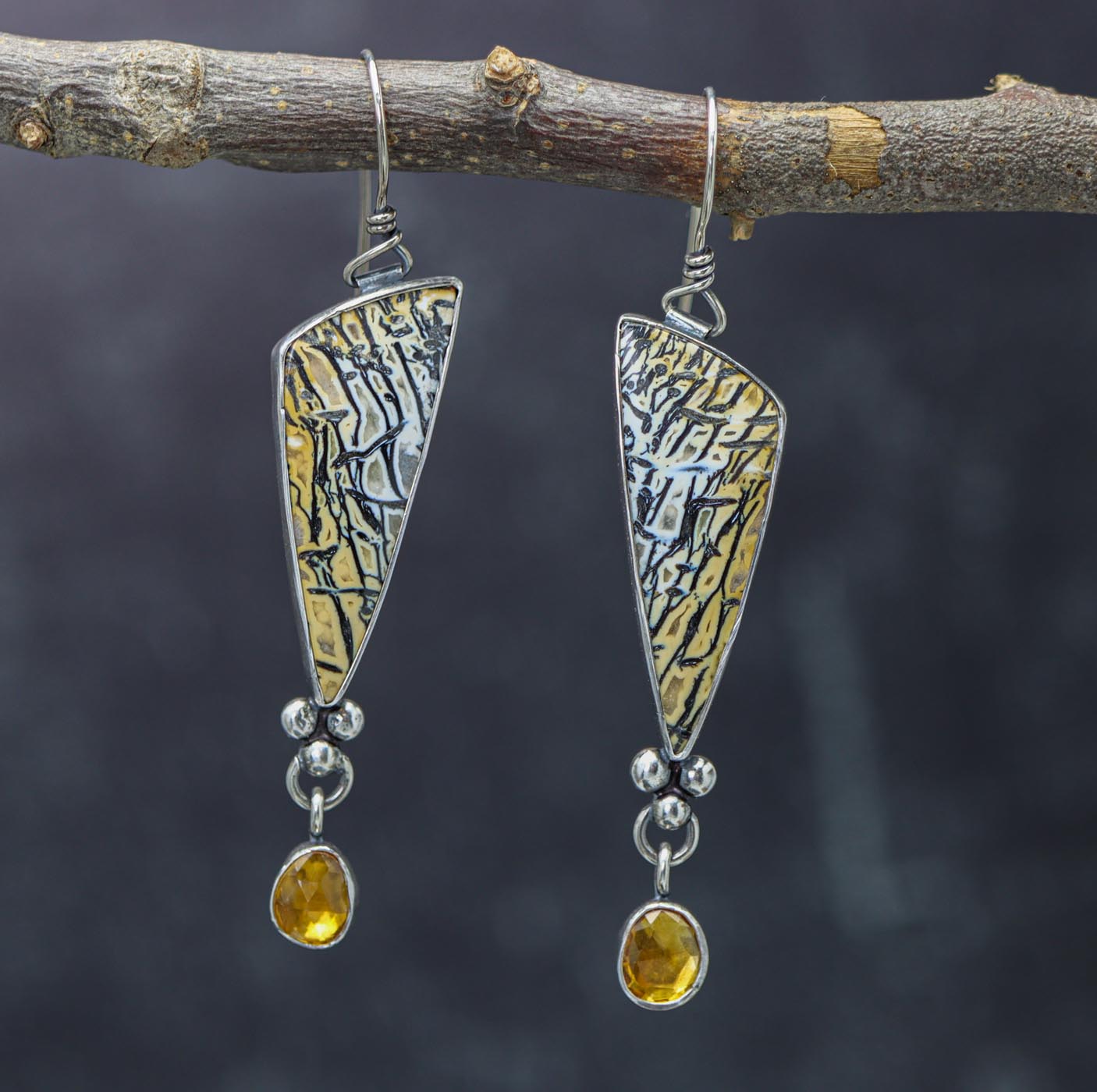 Wildcat Petrified Wood and Citrine Earrings Sterling Silver