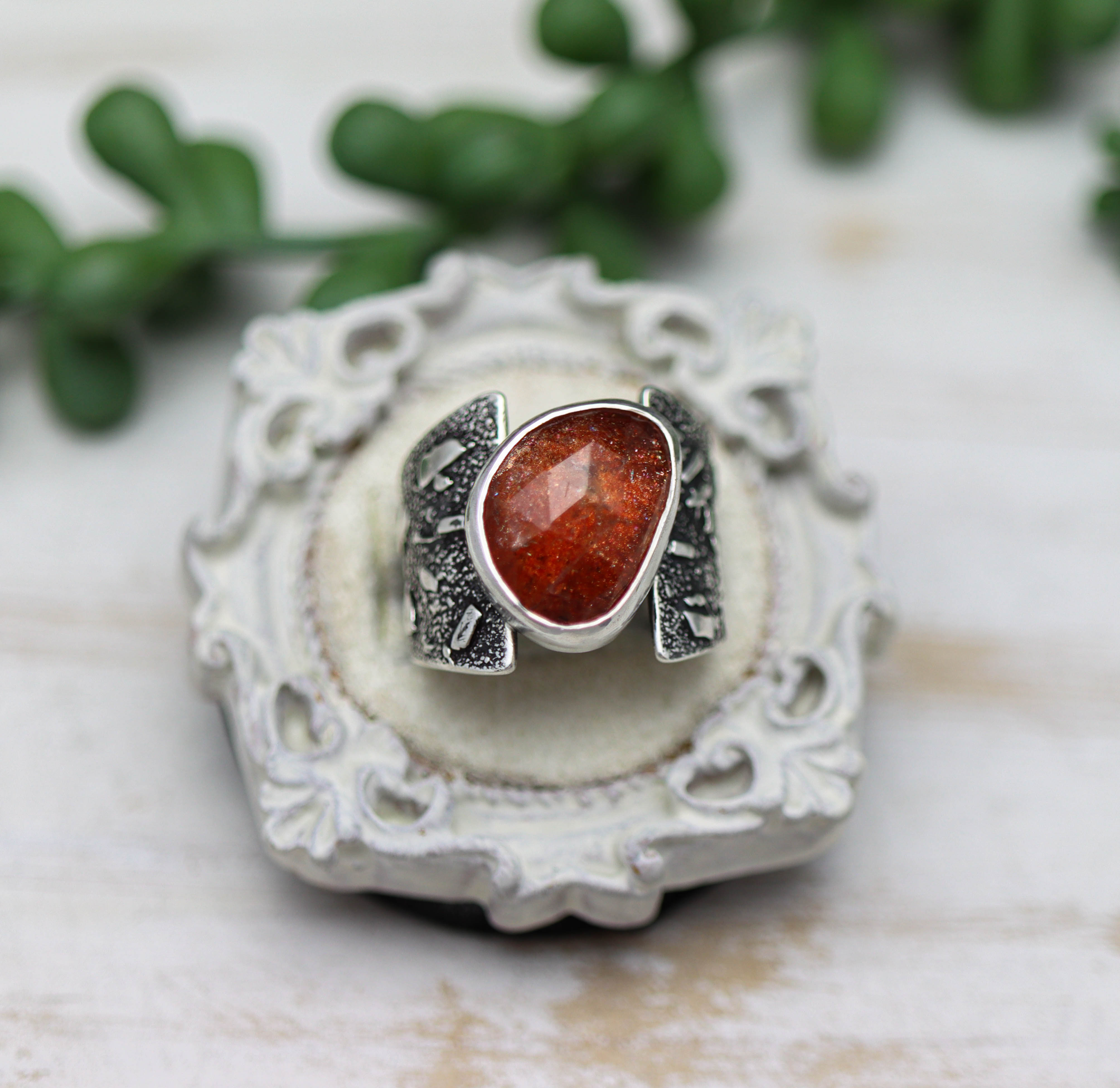Rose Cut Sunstone Wide Band Ring in Sterling Silver