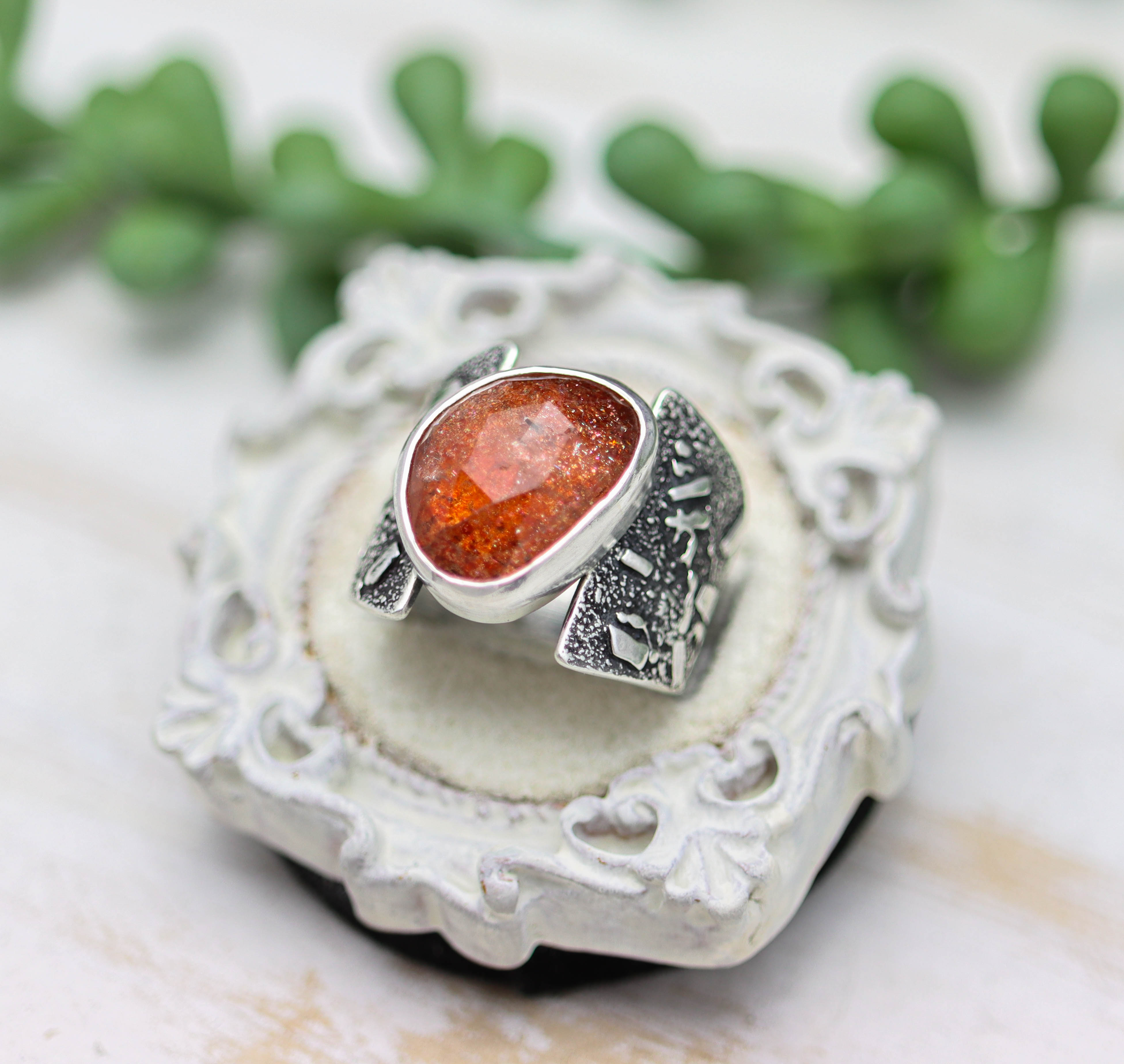 Rose Cut Sunstone Wide Band Ring in Sterling Silver