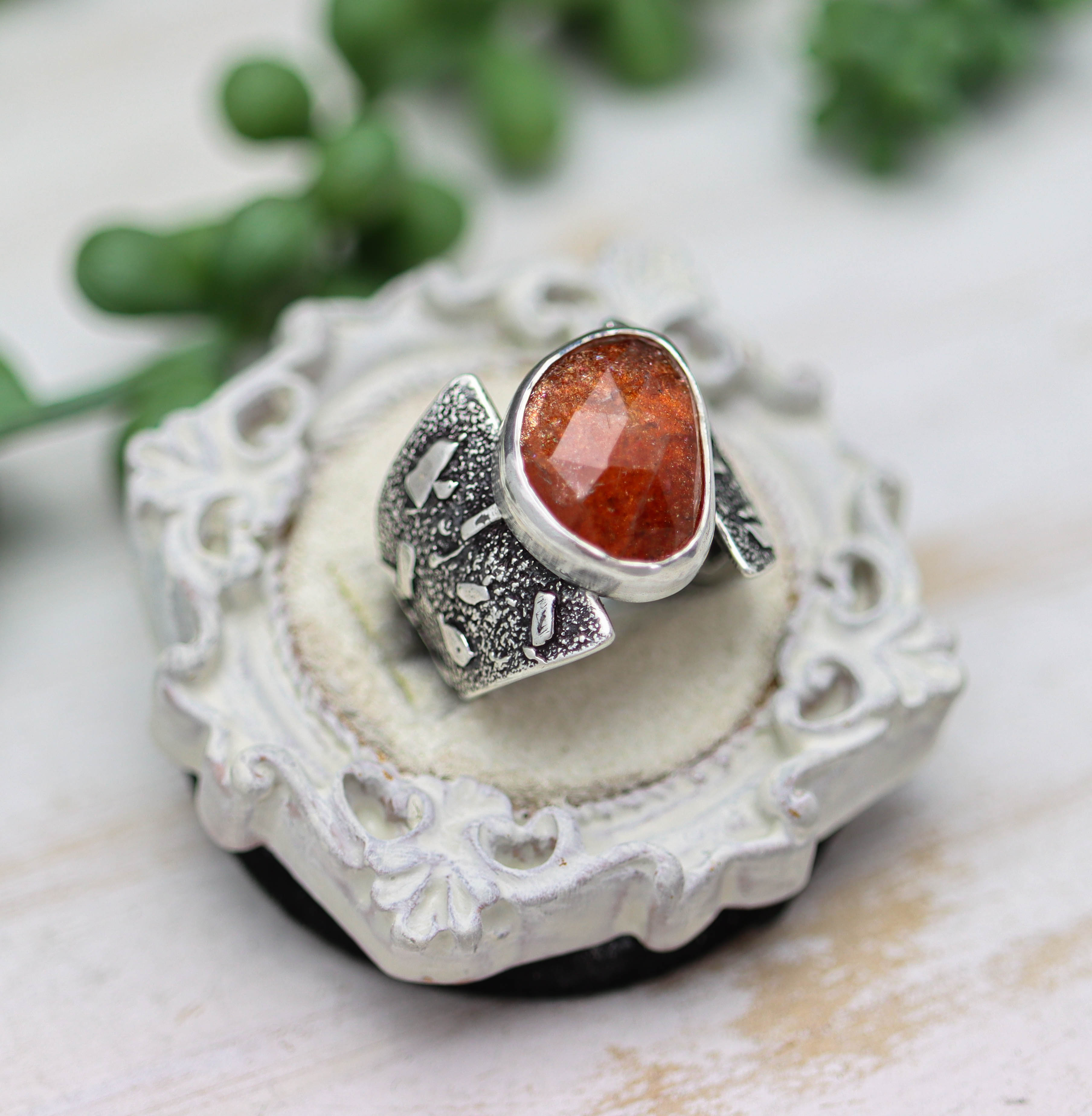 Rose Cut Sunstone Wide Band Ring in Sterling Silver