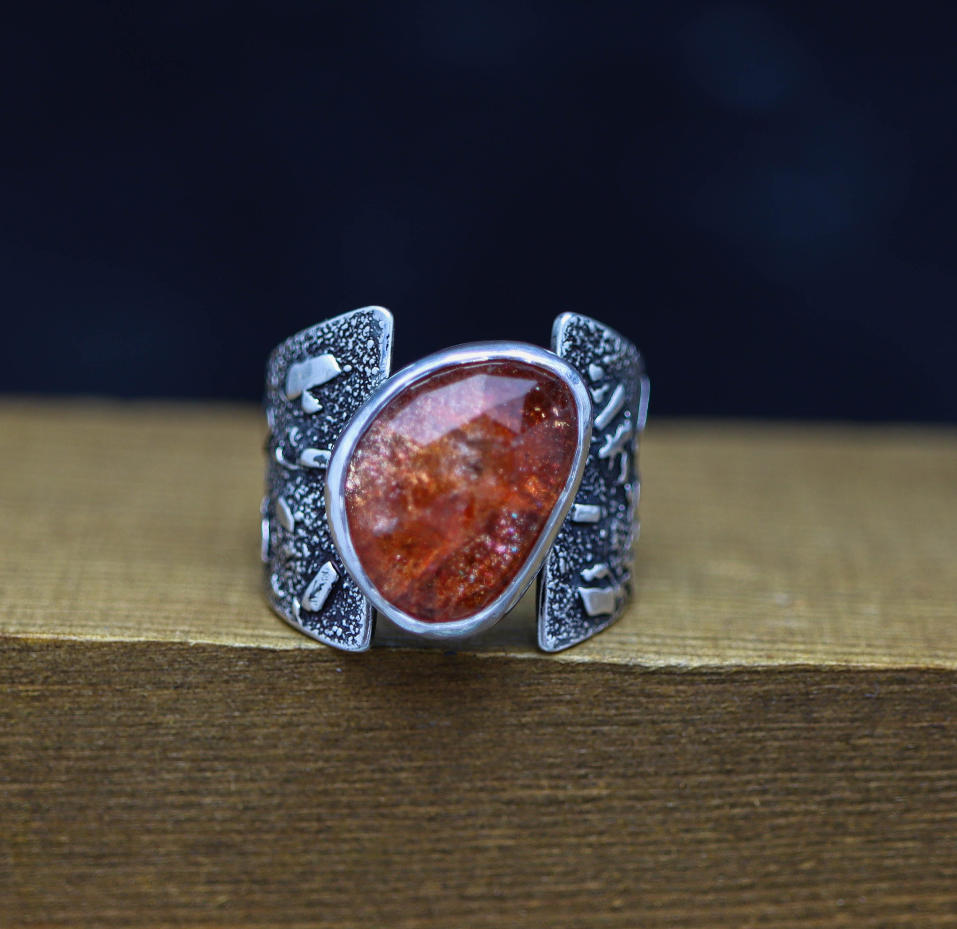 Rose Cut Sunstone Wide Band Ring in Sterling Silver