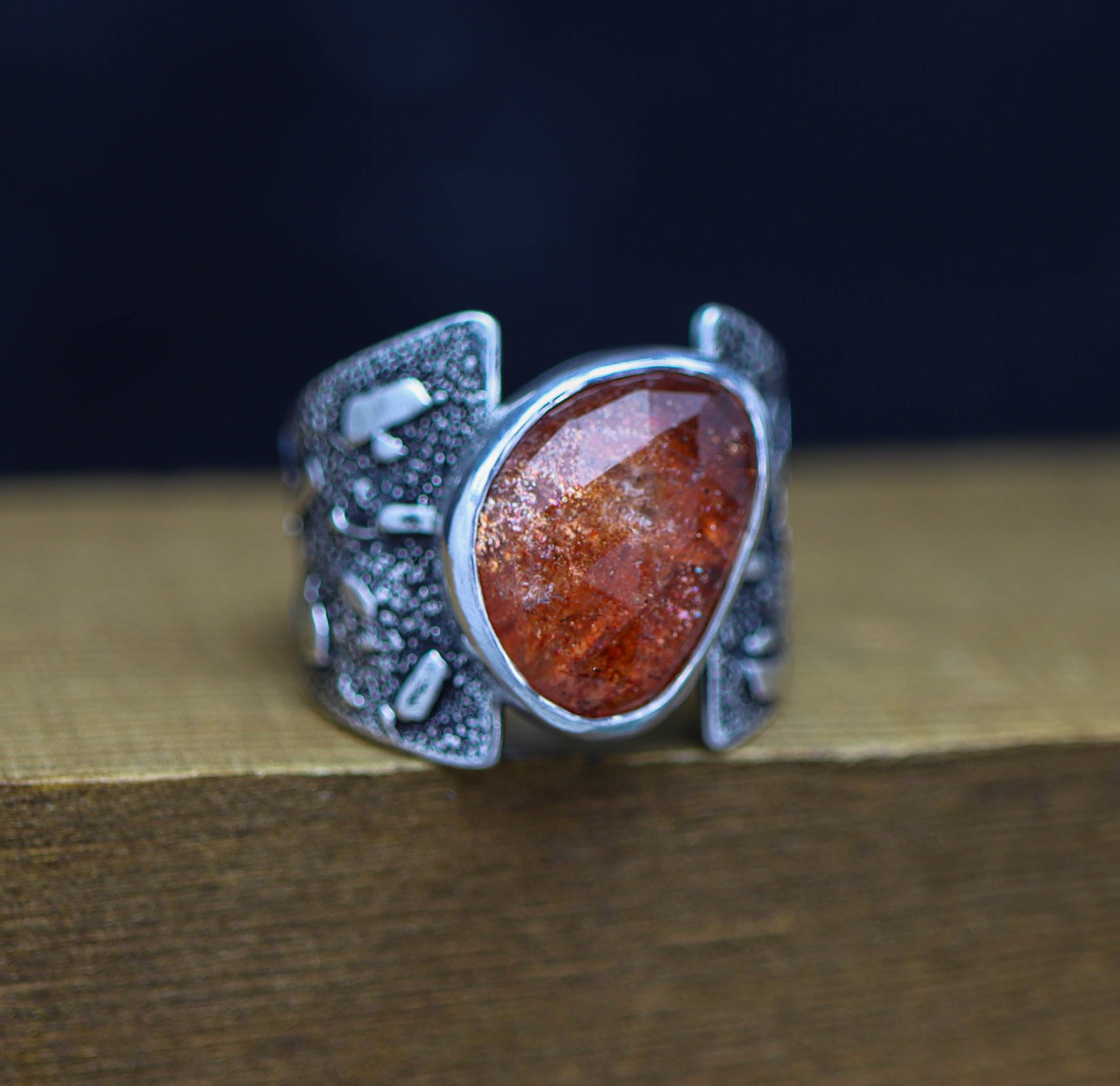 Rose Cut Sunstone Wide Band Ring in Sterling Silver