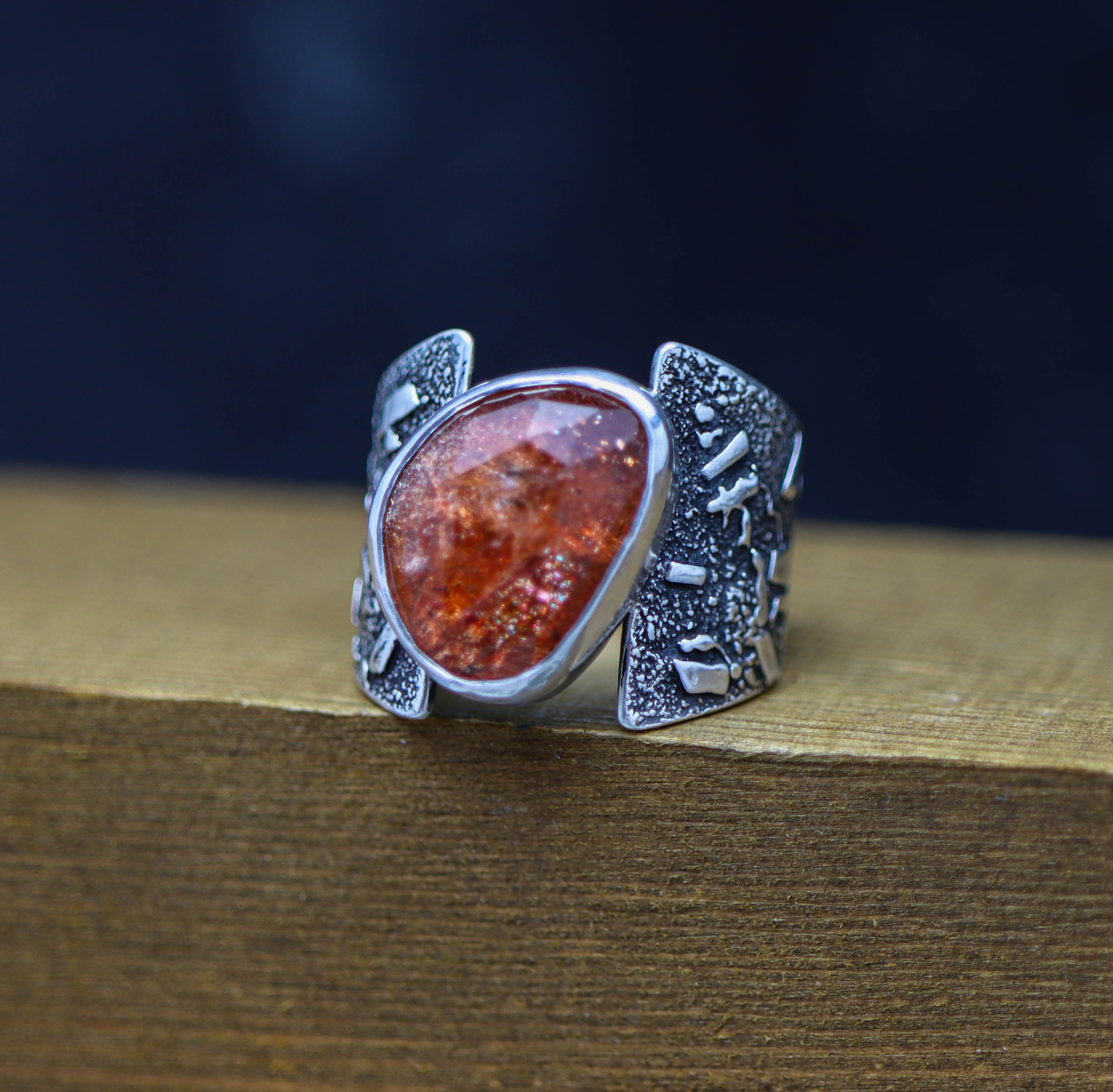 Rose Cut Sunstone Wide Band Ring in Sterling Silver