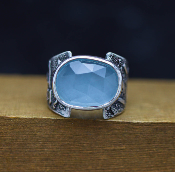 Aqua Chalcedony Sterling Silver Wide Band Ring
