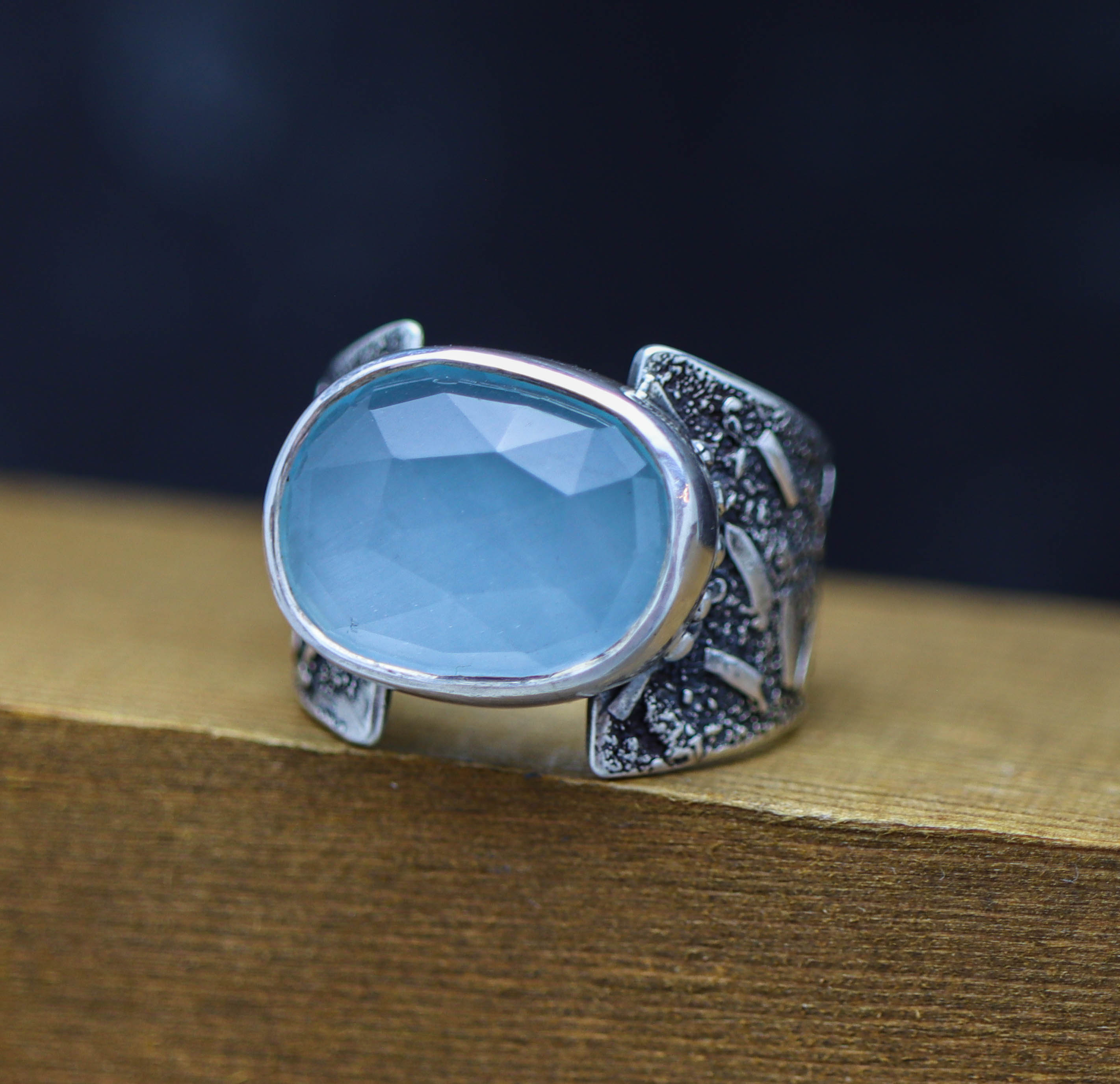 Aqua Chalcedony Sterling Silver Wide Band Ring