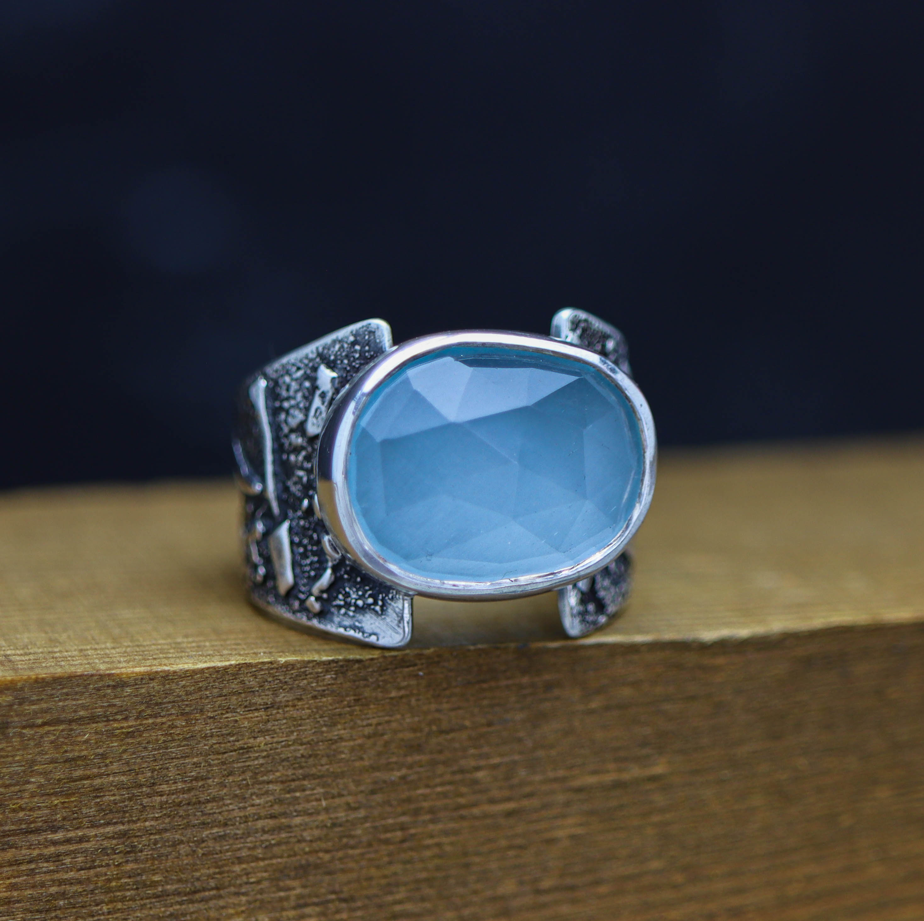 Aqua Chalcedony Sterling Silver Wide Band Ring