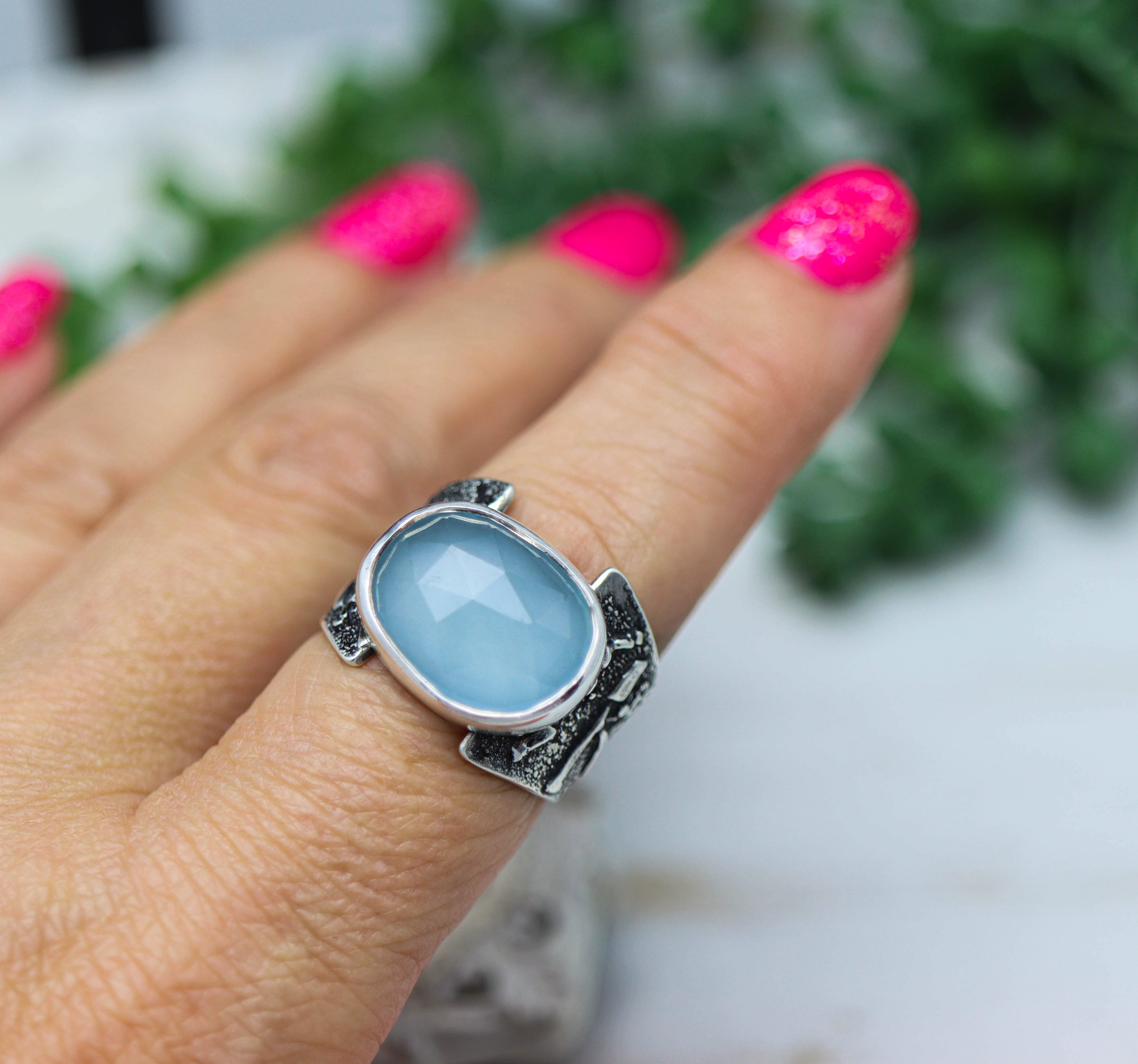 Aqua Chalcedony Sterling Silver Wide Band Ring