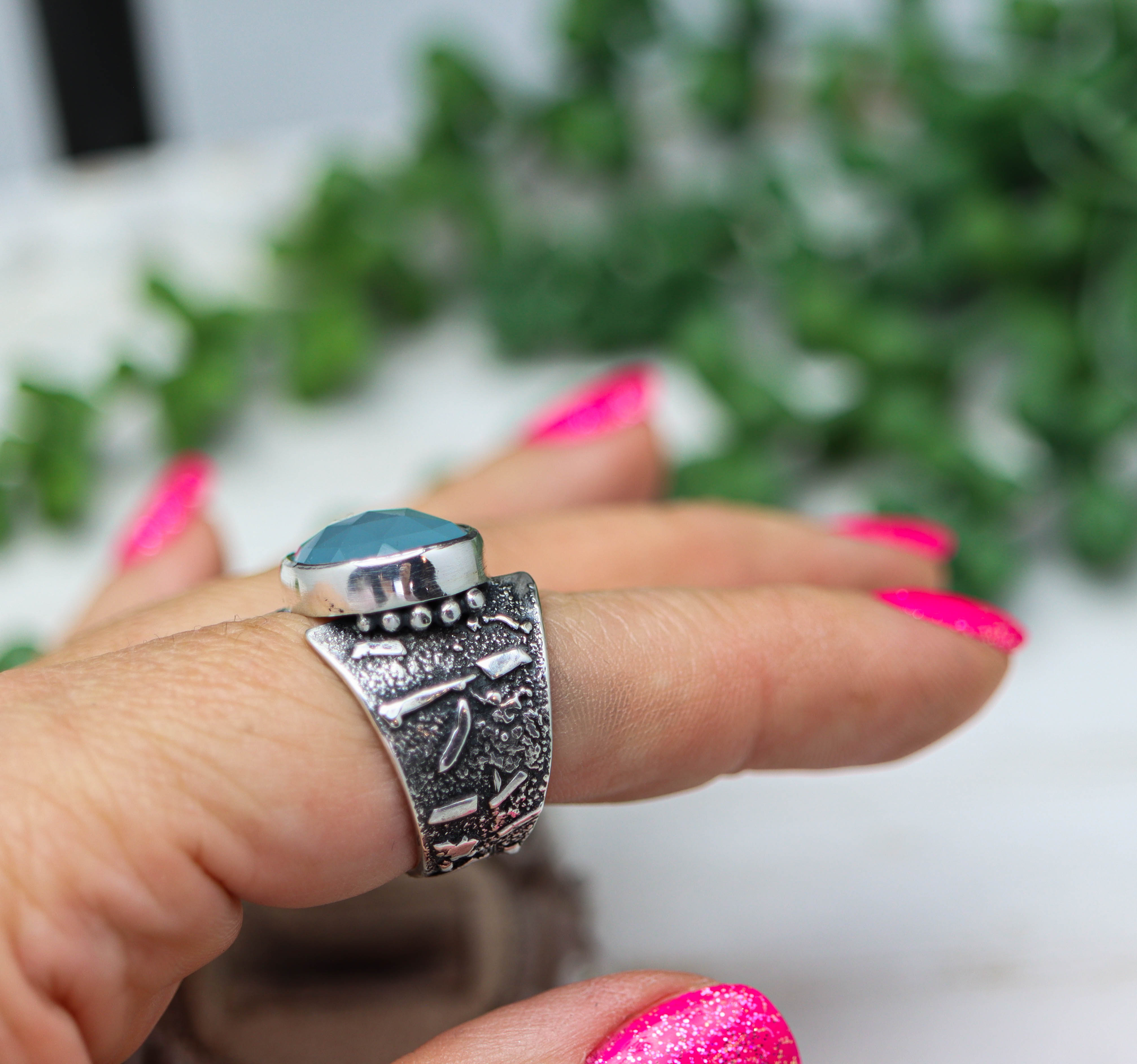 Aqua Chalcedony Sterling Silver Wide Band Ring