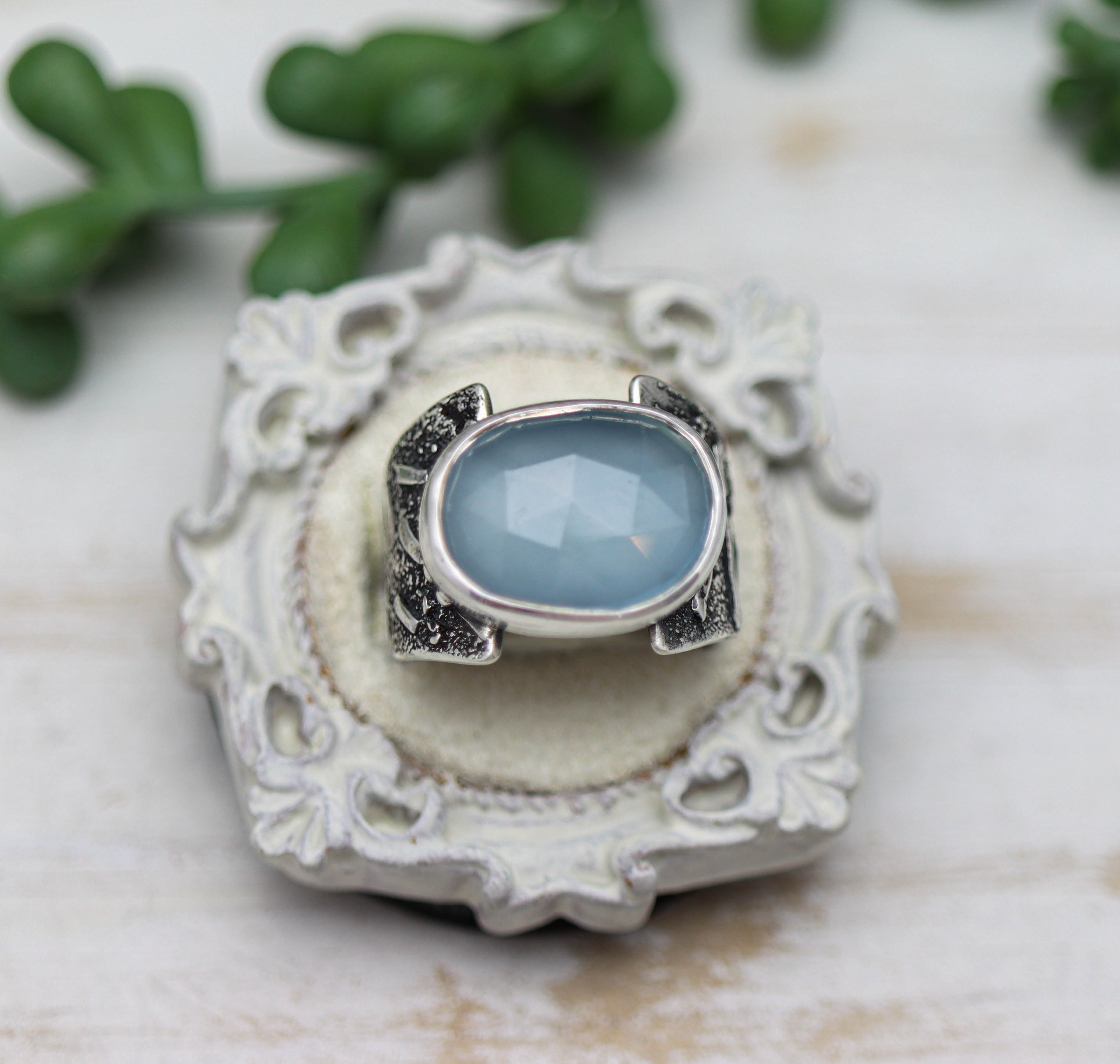 Aqua Chalcedony Sterling Silver Wide Band Ring