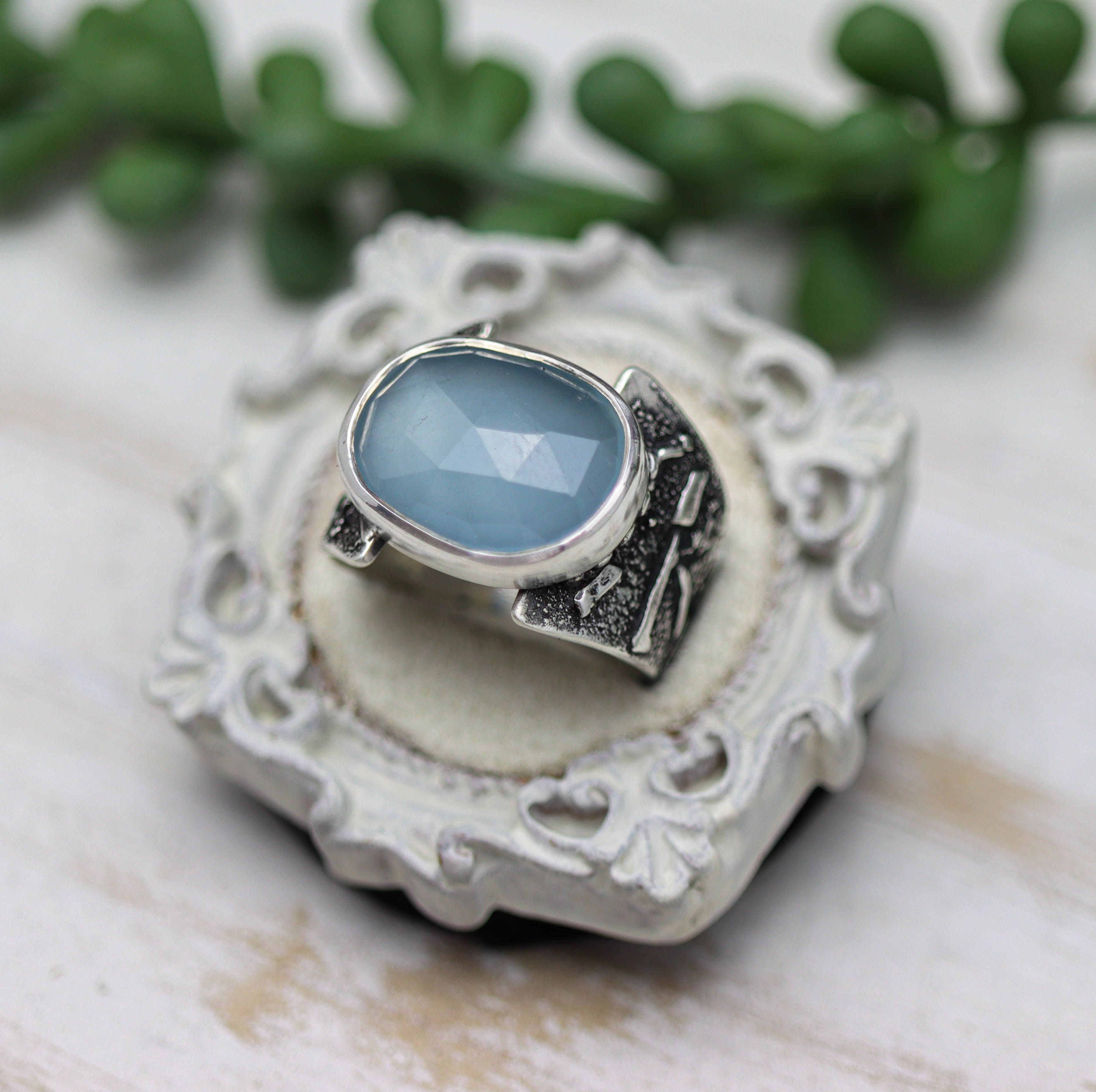 Aqua Chalcedony Sterling Silver Wide Band Ring