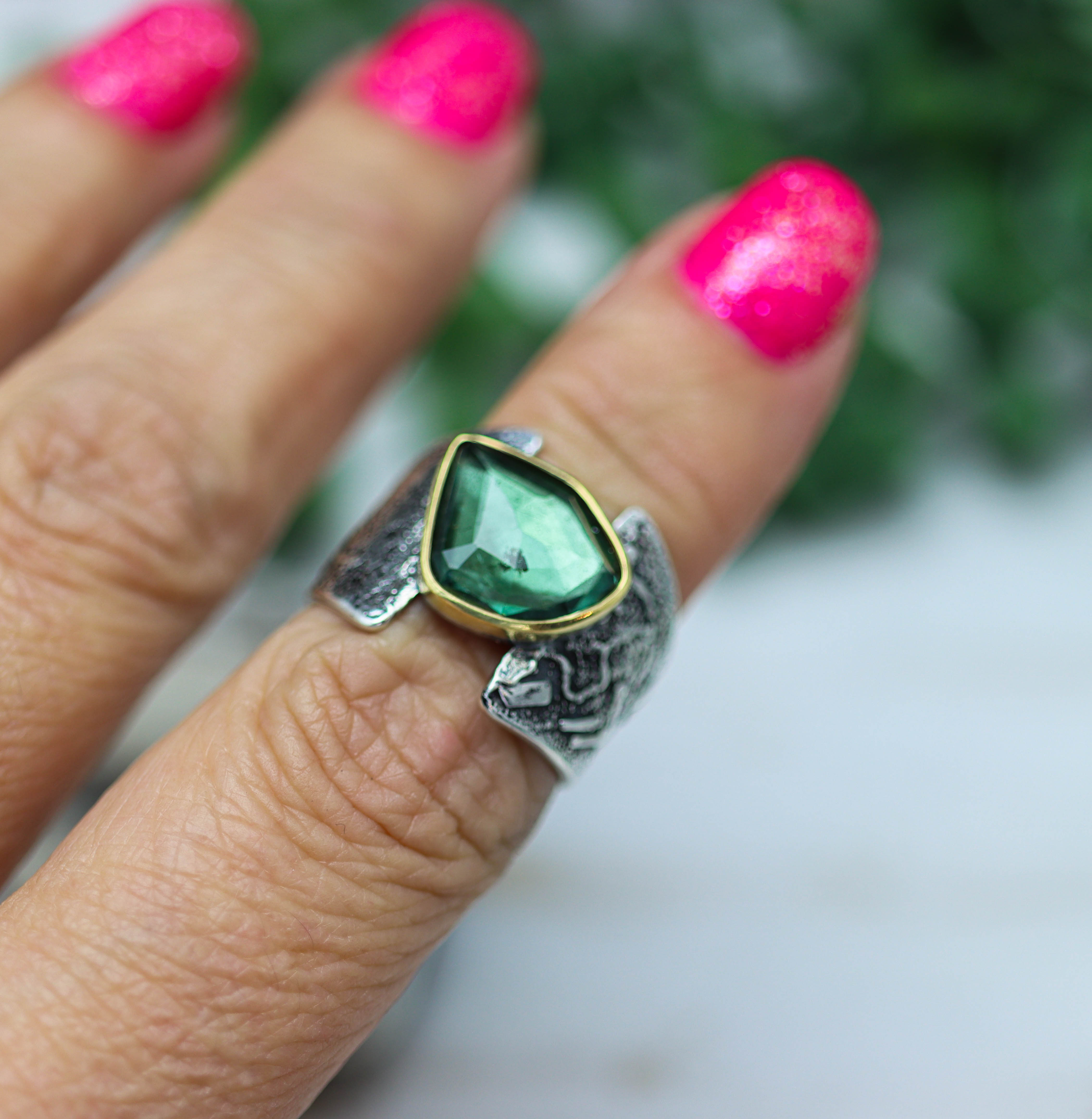 Blue-Green Tourmaline Ring in Sterling Silver & 22k Gold