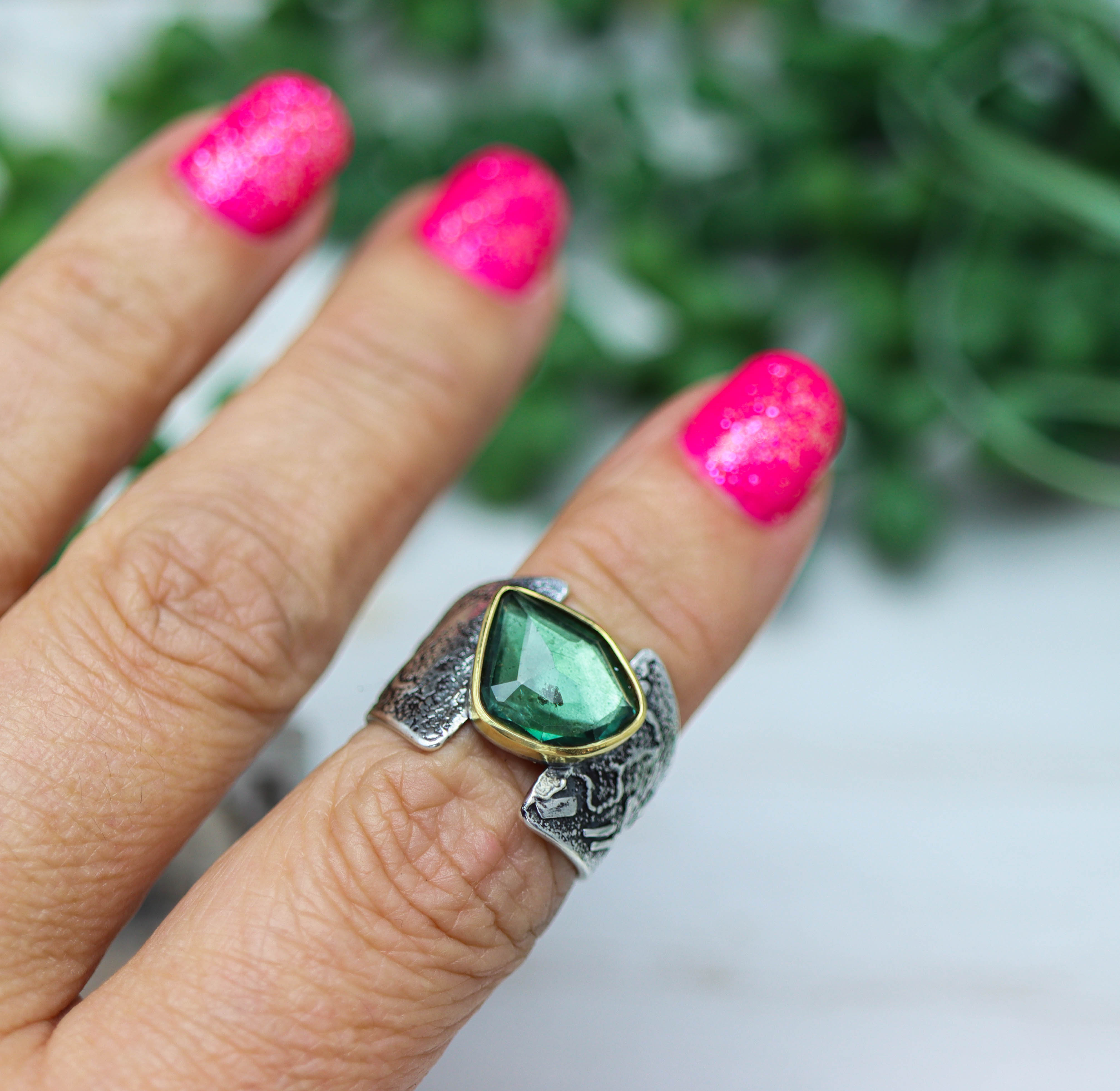 Blue-Green Tourmaline Ring in Sterling Silver & 22k Gold