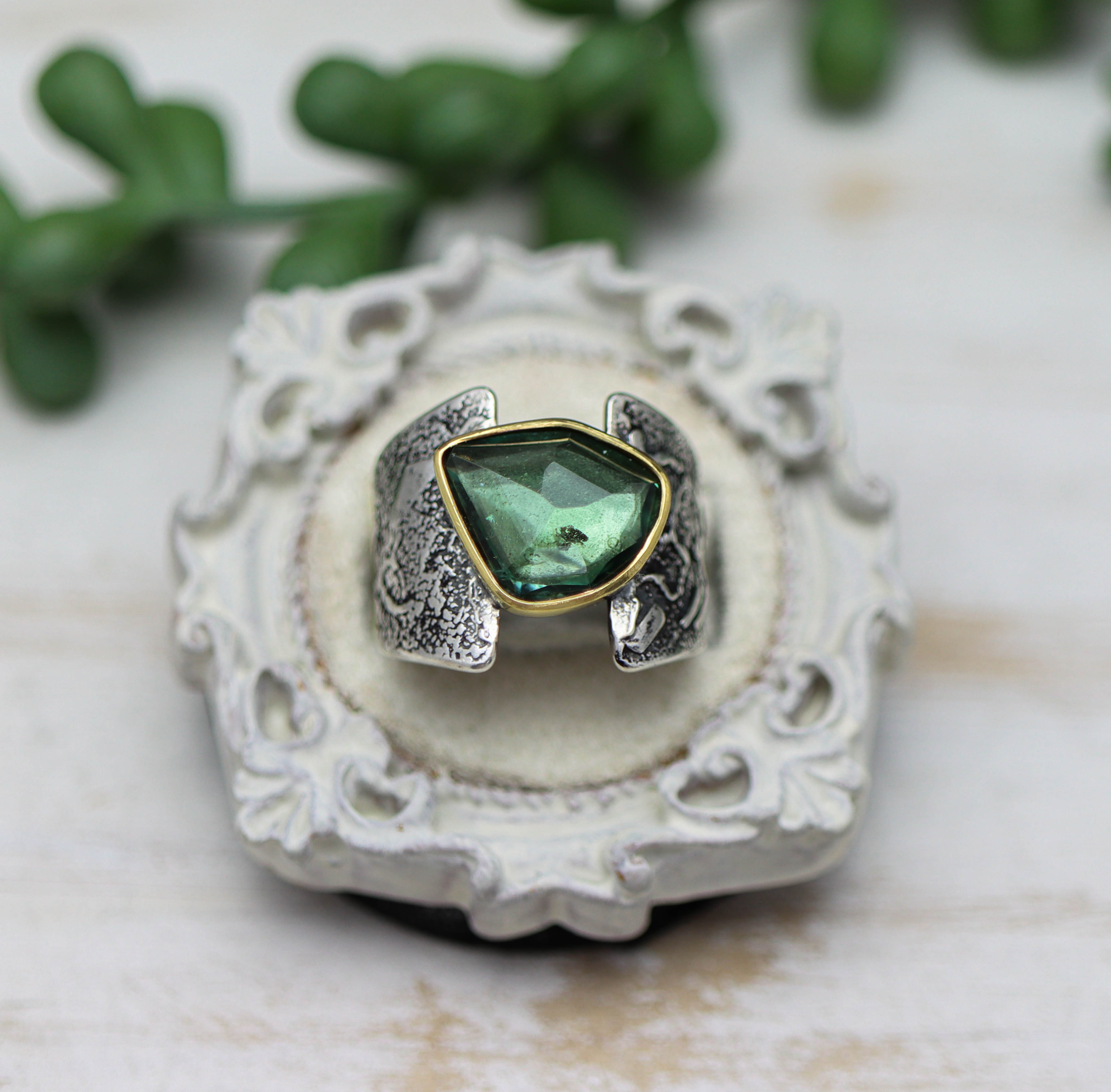 Blue-Green Tourmaline Ring in Sterling Silver & 22k Gold