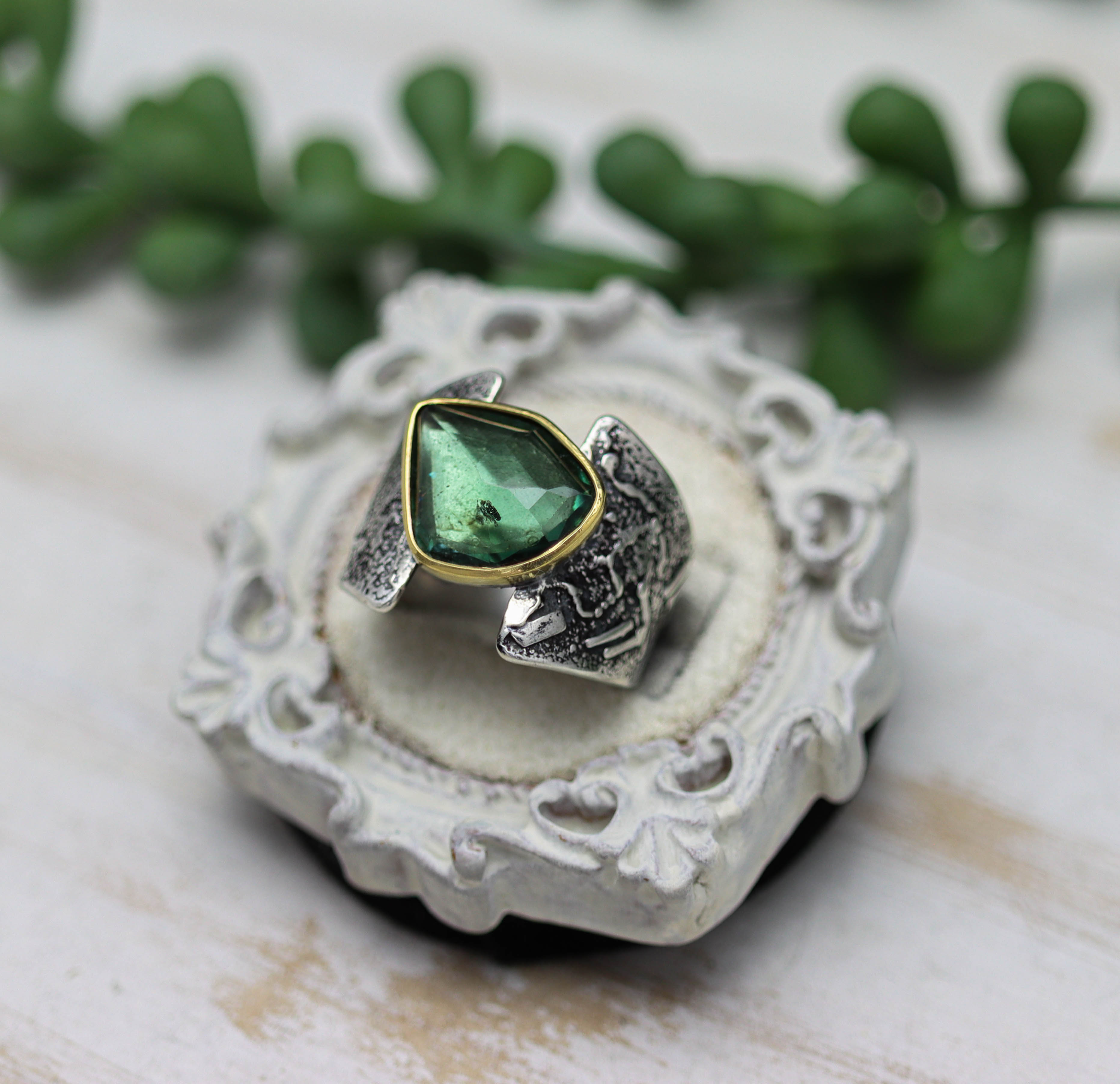 Blue-Green Tourmaline Ring in Sterling Silver & 22k Gold