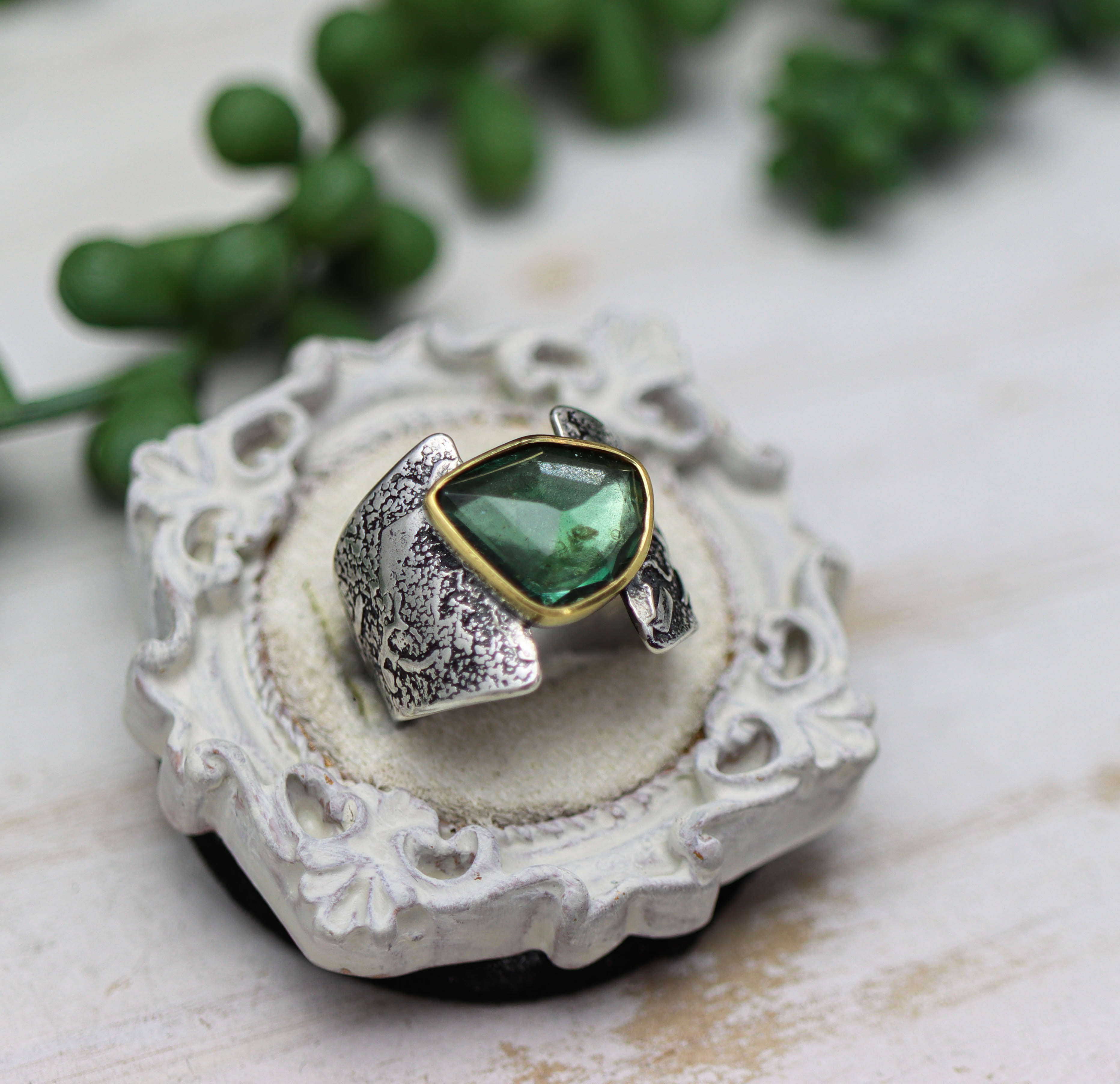 Blue-Green Tourmaline Ring in Sterling Silver & 22k Gold