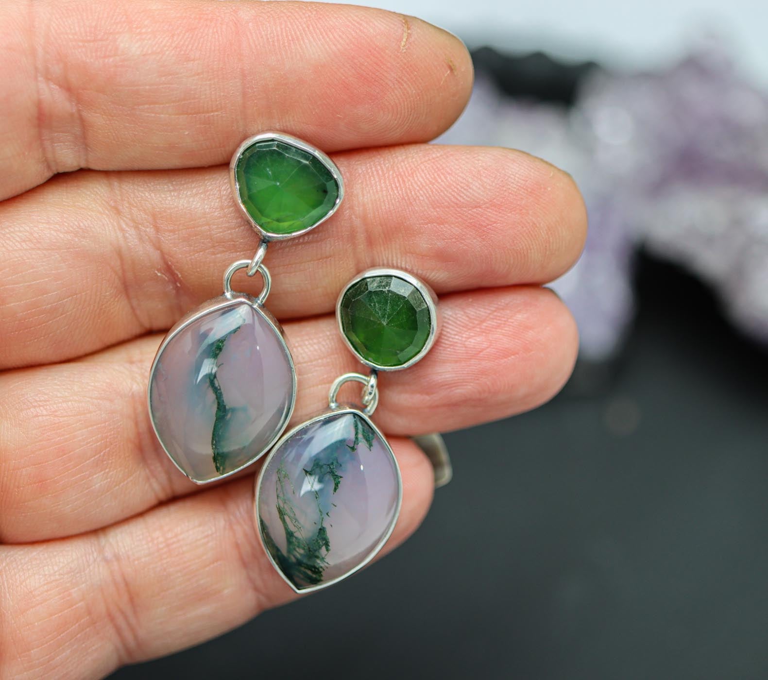 Moss Agate and Green Chalcedony Dangle Earrings Sterling Silver