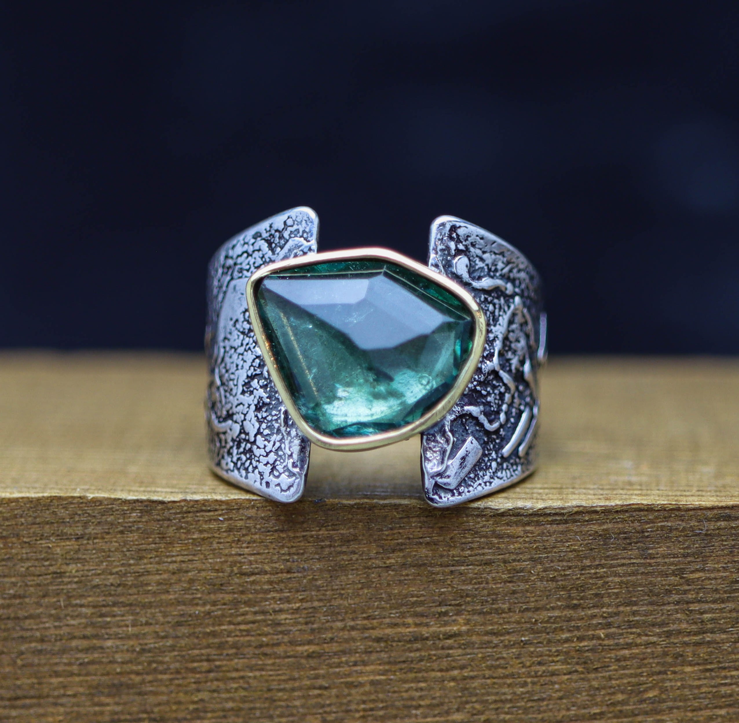 Blue-Green Tourmaline Ring in Sterling Silver & 22k Gold